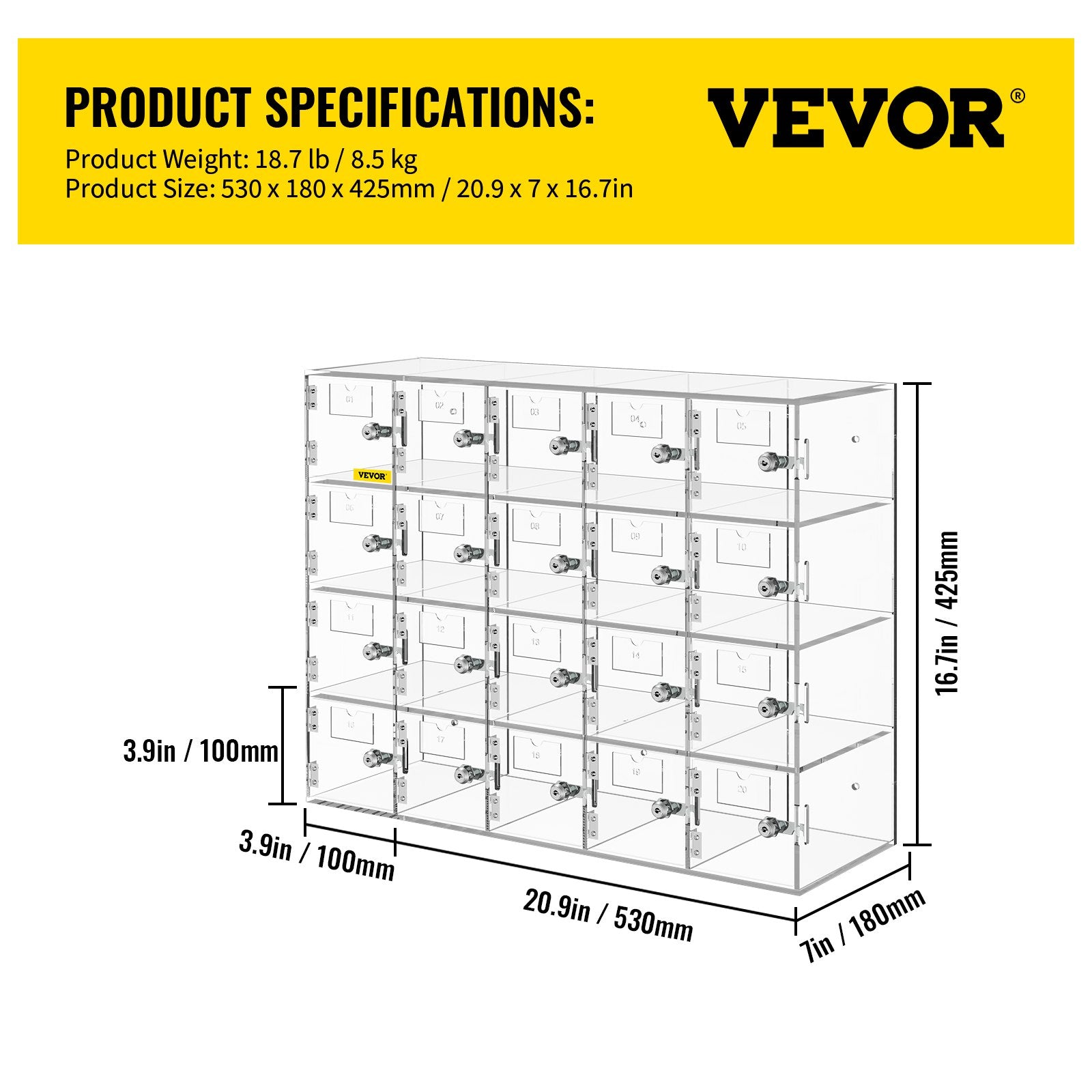 VEVOR Acrylic Cell Phone Locker Box Storage Cabinet Pocket w/Keys 20 Slots Clear 7