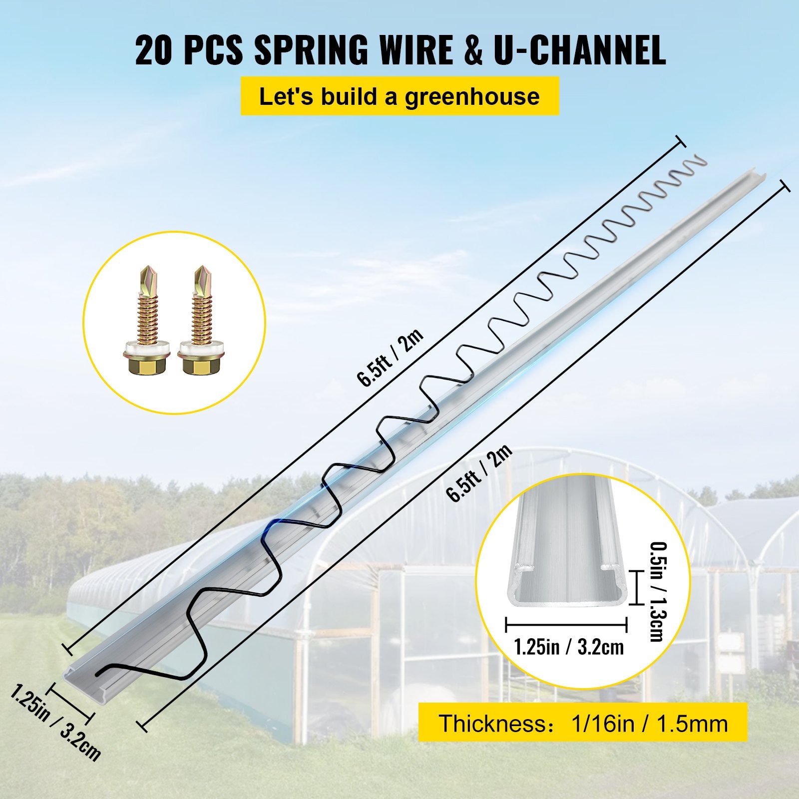 VEVOR Spring Wire and Lock Channel,2 m Spring Lock & U-Channel Bundle for Greenhouse, 20 Packs PE Coated Spring Wire & Aluminum Alloy Channel, Plastic Poly Film or Shade Cloth Attachment with Screw
