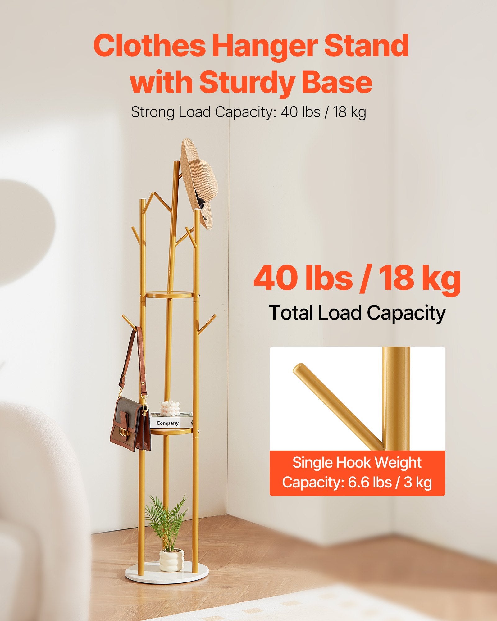 VEVOR Coat Rack, Freestanding Coat Rack Stand with Quartz Stone Base & 9 Hooks, Free Standing Hall Coat Tree for Entryway, Bedroom, Office, Living Room, Modern Clothes Hanger for Coat, Hat, Scarf, Bag