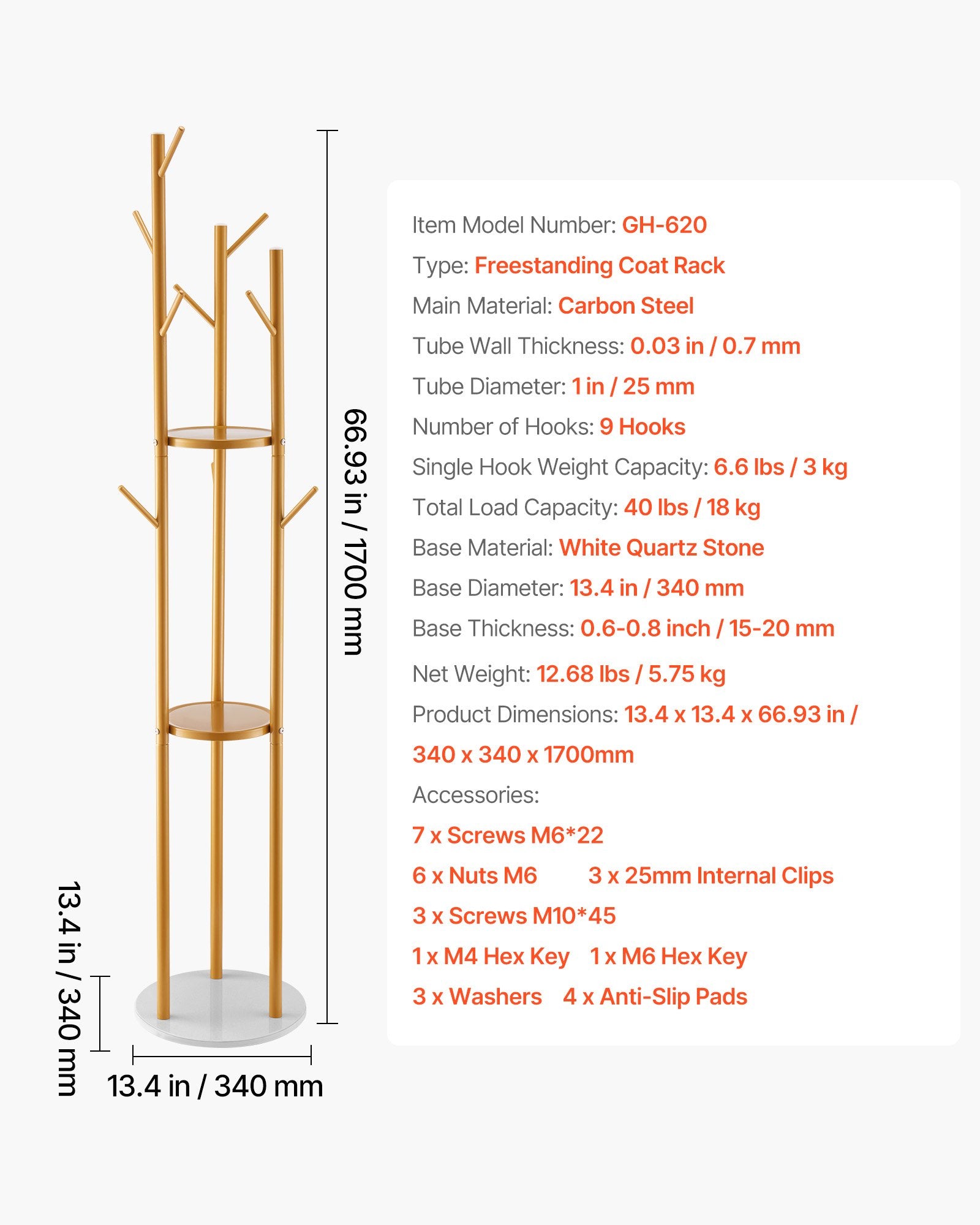 VEVOR Coat Rack, Freestanding Coat Rack Stand with Quartz Stone Base & 9 Hooks, Free Standing Hall Coat Tree for Entryway, Bedroom, Office, Living Room, Modern Clothes Hanger for Coat, Hat, Scarf, Bag 7