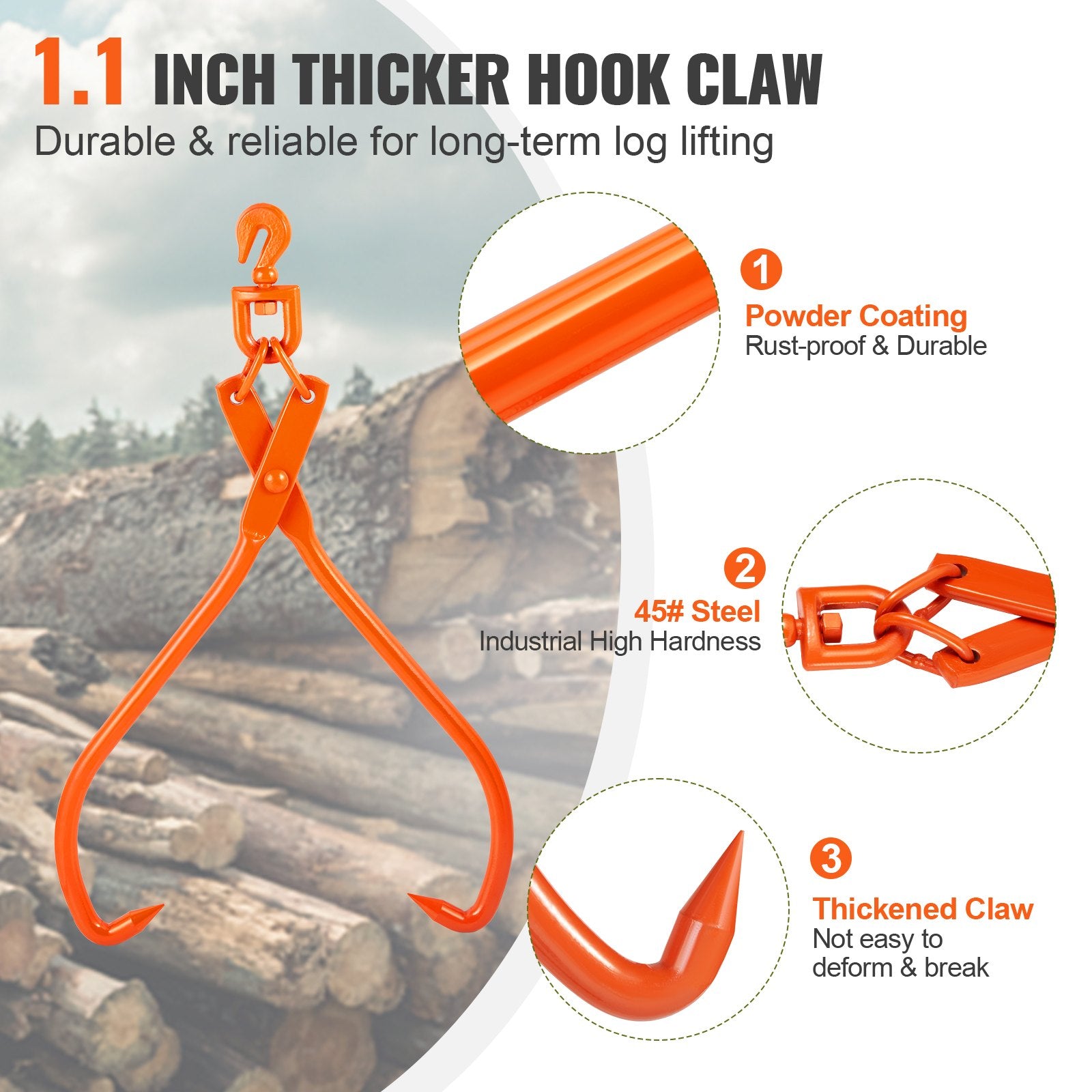 VEVOR Log Skidding Tongs, 81.3cm 2 Claw Log Lifting Tongs, Heavy Duty Rotating Steel Lumber Skidding Tongs, 700 kg Loading Capacity, Log Lifting, Handling, Dragging & Carrying Tool 4