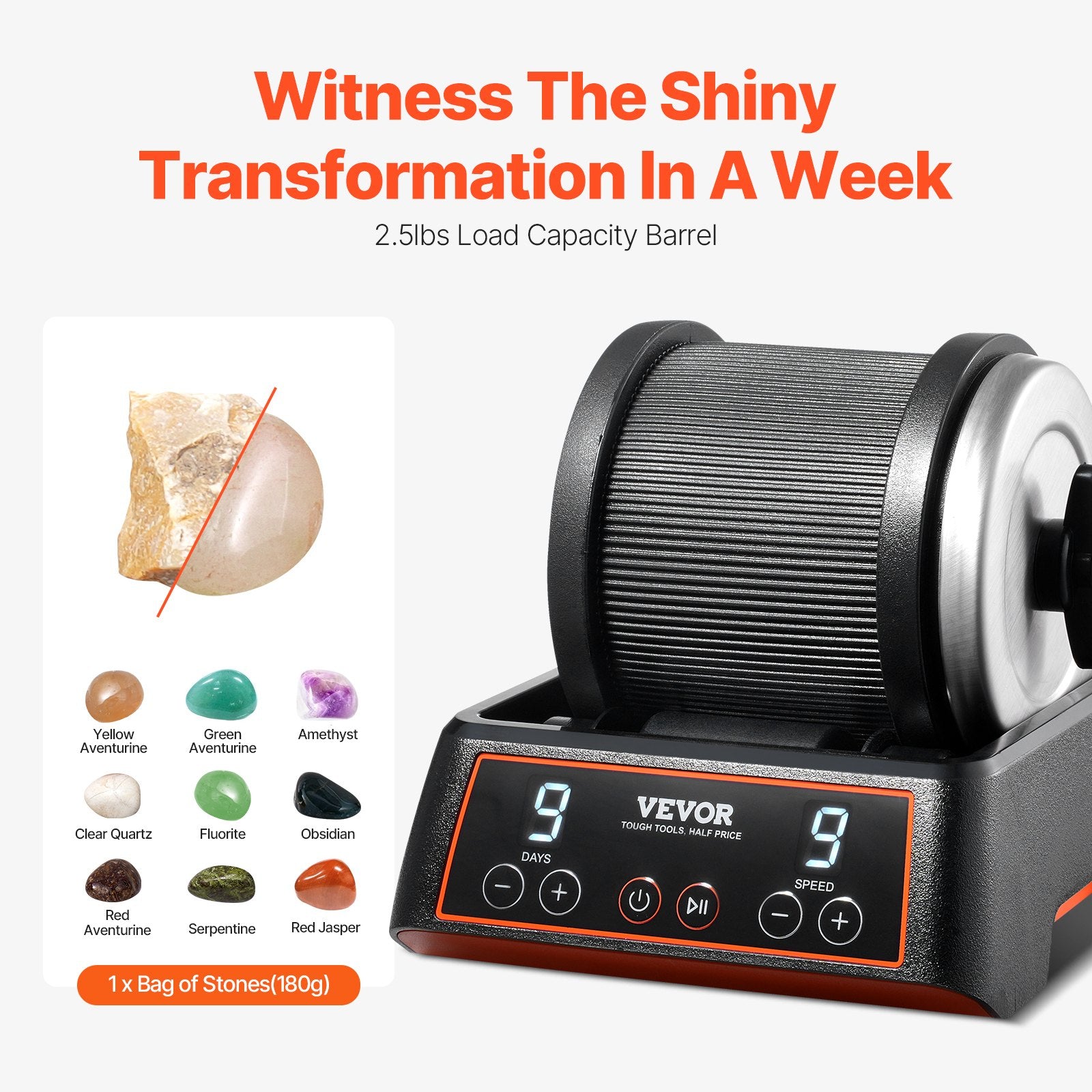 VEVOR Rock Tumbler Kit, 2.5 lbs Rock Polishing Kit, 9 Speed Settings 9-Day Polishing Timer Stone Polishing Kit, Rock Polisher with Rough Gemstones and Polishing Grits, Rock Polisher for Kids Adults 4