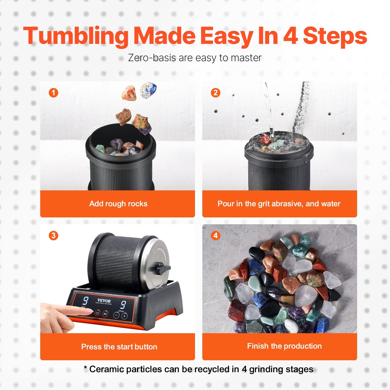 VEVOR Rock Tumbler Kit, 2.5 lbs Rock Polishing Kit, 9 Speed Settings 9-Day Polishing Timer Stone Polishing Kit, Rock Polisher with Rough Gemstones and Polishing Grits, Rock Polisher for Kids Adults 6