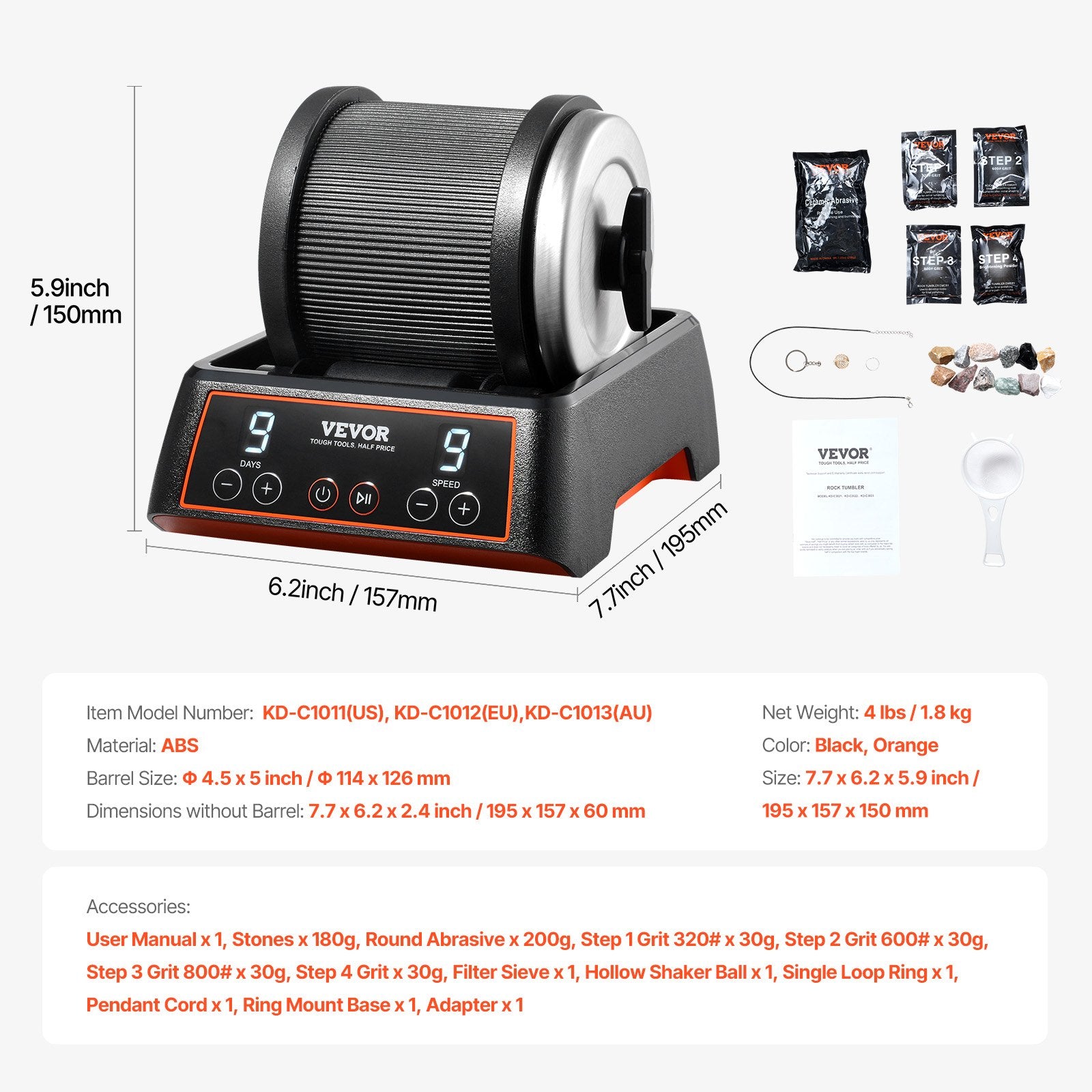 VEVOR Rock Tumbler Kit, 2.5 lbs Rock Polishing Kit, 9 Speed Settings 9-Day Polishing Timer Stone Polishing Kit, Rock Polisher with Rough Gemstones and Polishing Grits, Rock Polisher for Kids Adults 7