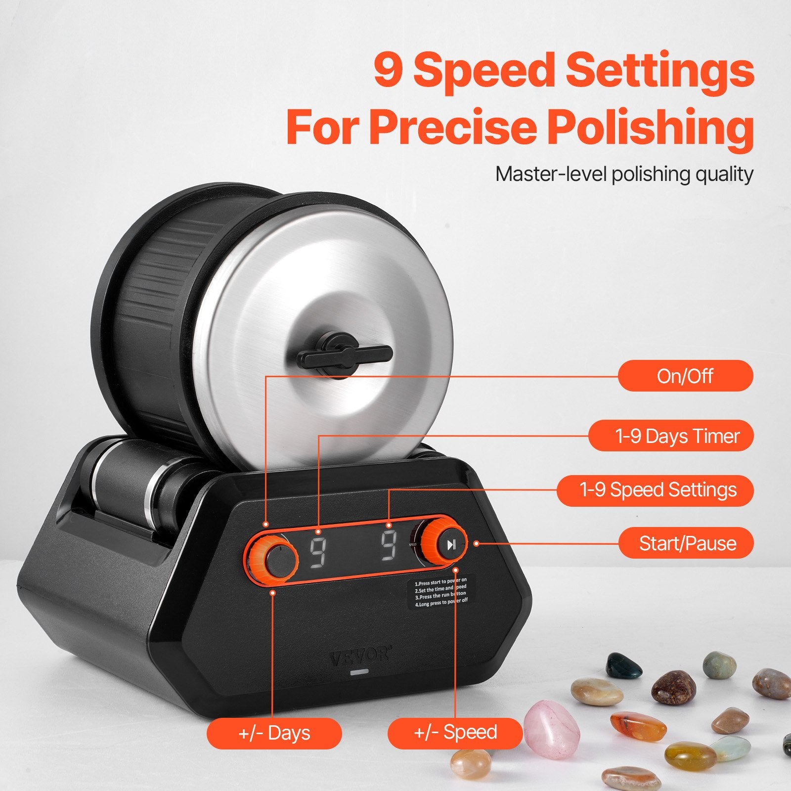 VEVOR Rock Tumbler Kit, 4 lbs Rock Polishing Kit, 9 Speed Settings 9-Day Polishing Timer Stone Polishing Kit, Rock Polisher with Rough Gemstones and Polishing Grits, Rock Polisher for Kids Adults 3