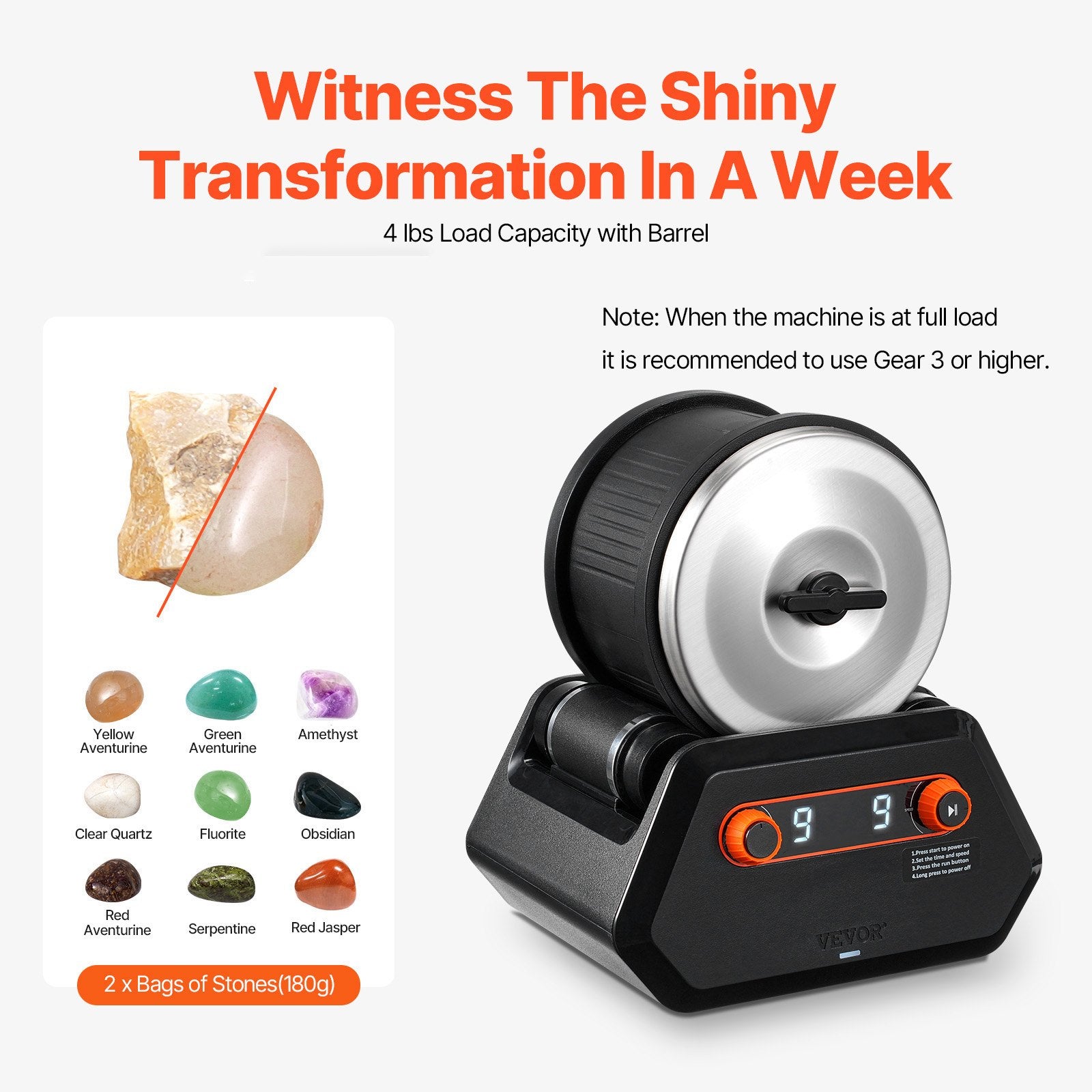 VEVOR Rock Tumbler Kit, 4 lbs Rock Polishing Kit, 9 Speed Settings 9-Day Polishing Timer Stone Polishing Kit, Rock Polisher with Rough Gemstones and Polishing Grits, Rock Polisher for Kids Adults 4