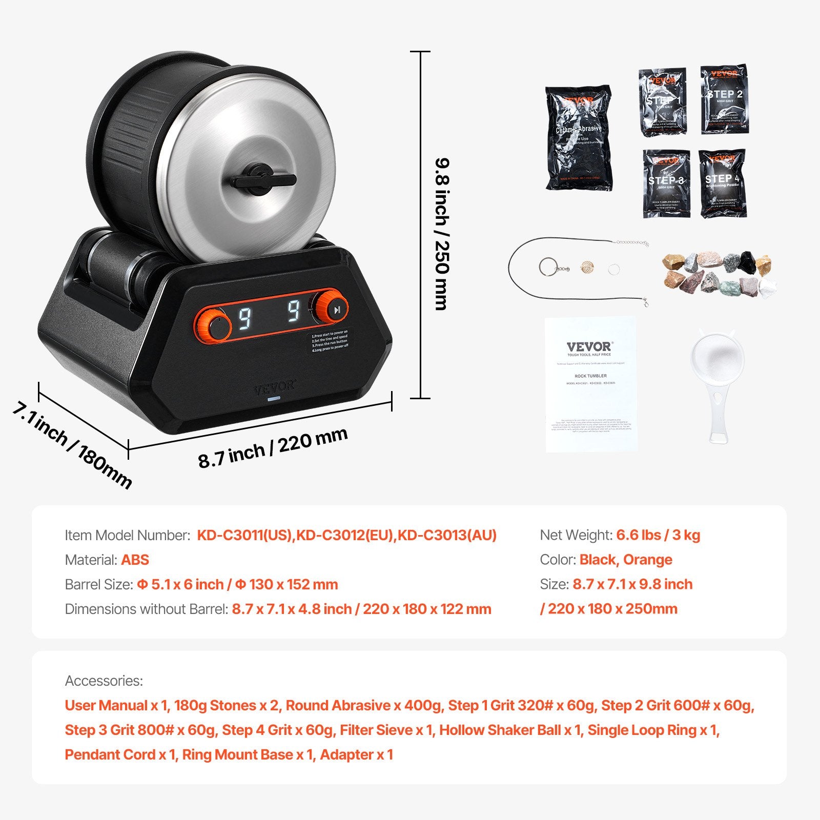 VEVOR Rock Tumbler Kit, 4 lbs Rock Polishing Kit, 9 Speed Settings 9-Day Polishing Timer Stone Polishing Kit, Rock Polisher with Rough Gemstones and Polishing Grits, Rock Polisher for Kids Adults 7