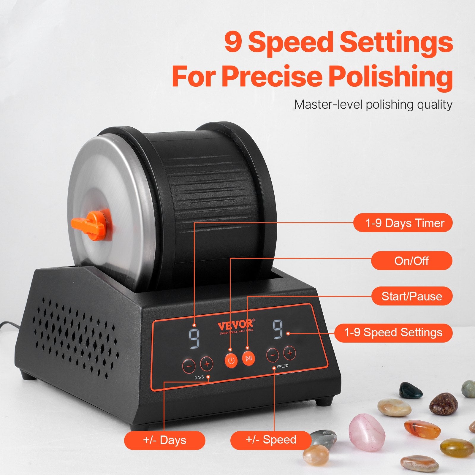 VEVOR Rock Tumbler Machine 4 lbs Rock Polishing Kit 9 Speed 9-Day Timer Steel 3