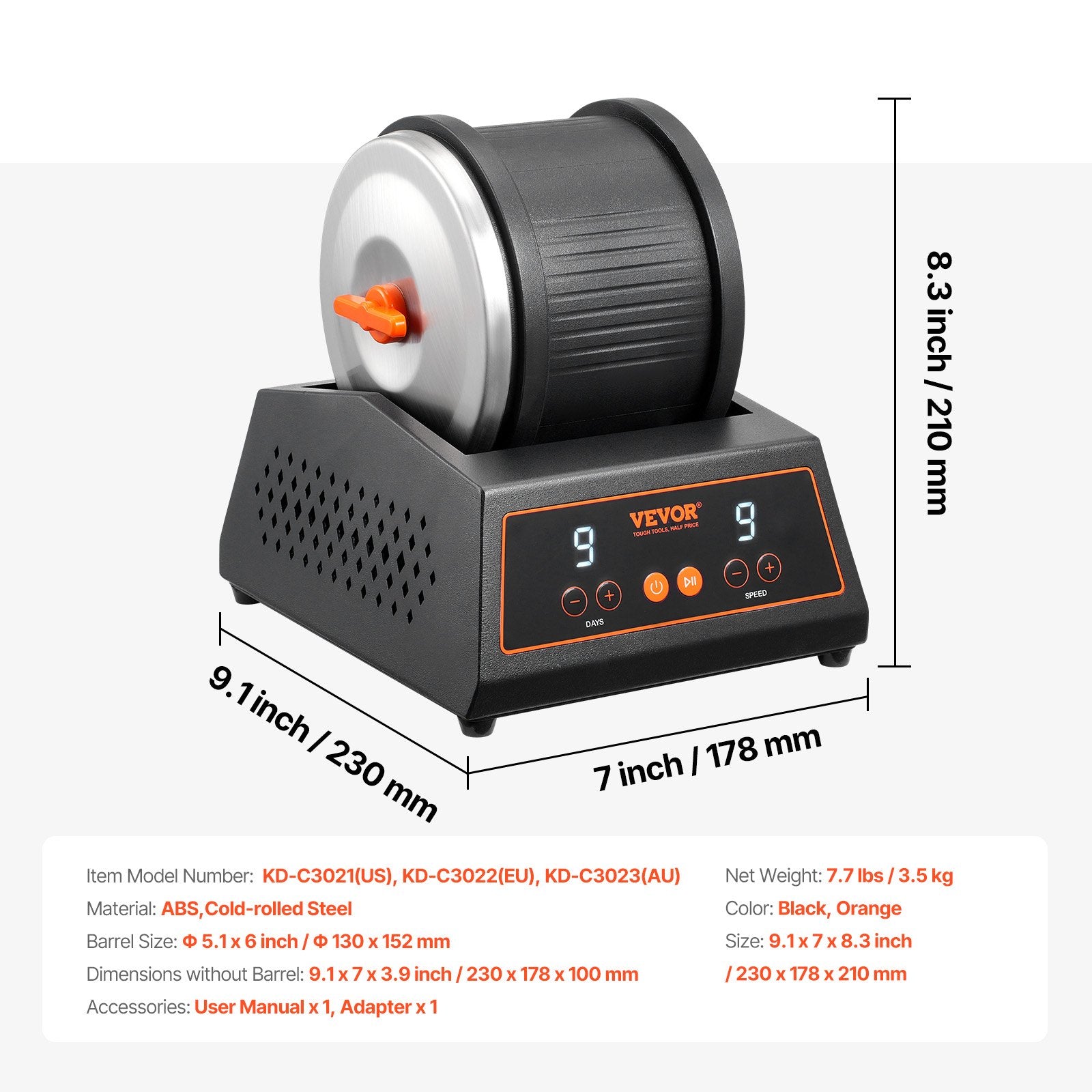 VEVOR Rock Tumbler Machine 4 lbs Rock Polishing Kit 9 Speed 9-Day Timer Steel 7