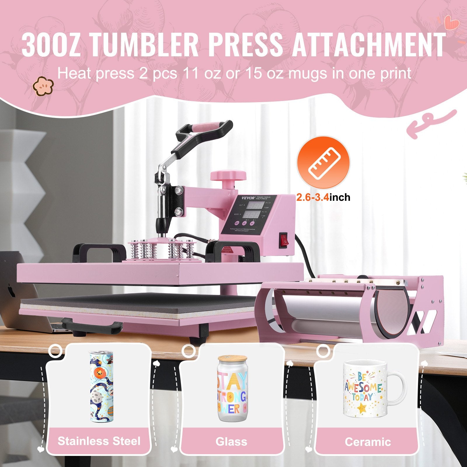 VEVOR Heat Press Machine, 15 x 15 inch, 5 in 1 Heat Transfer Machine with 30 oz Tumbler Press, 360° Swing Away T-Shirt Pressing, Digital Precise Control, for T-Shirts/Mugs/Hats/Plates, Pink 3