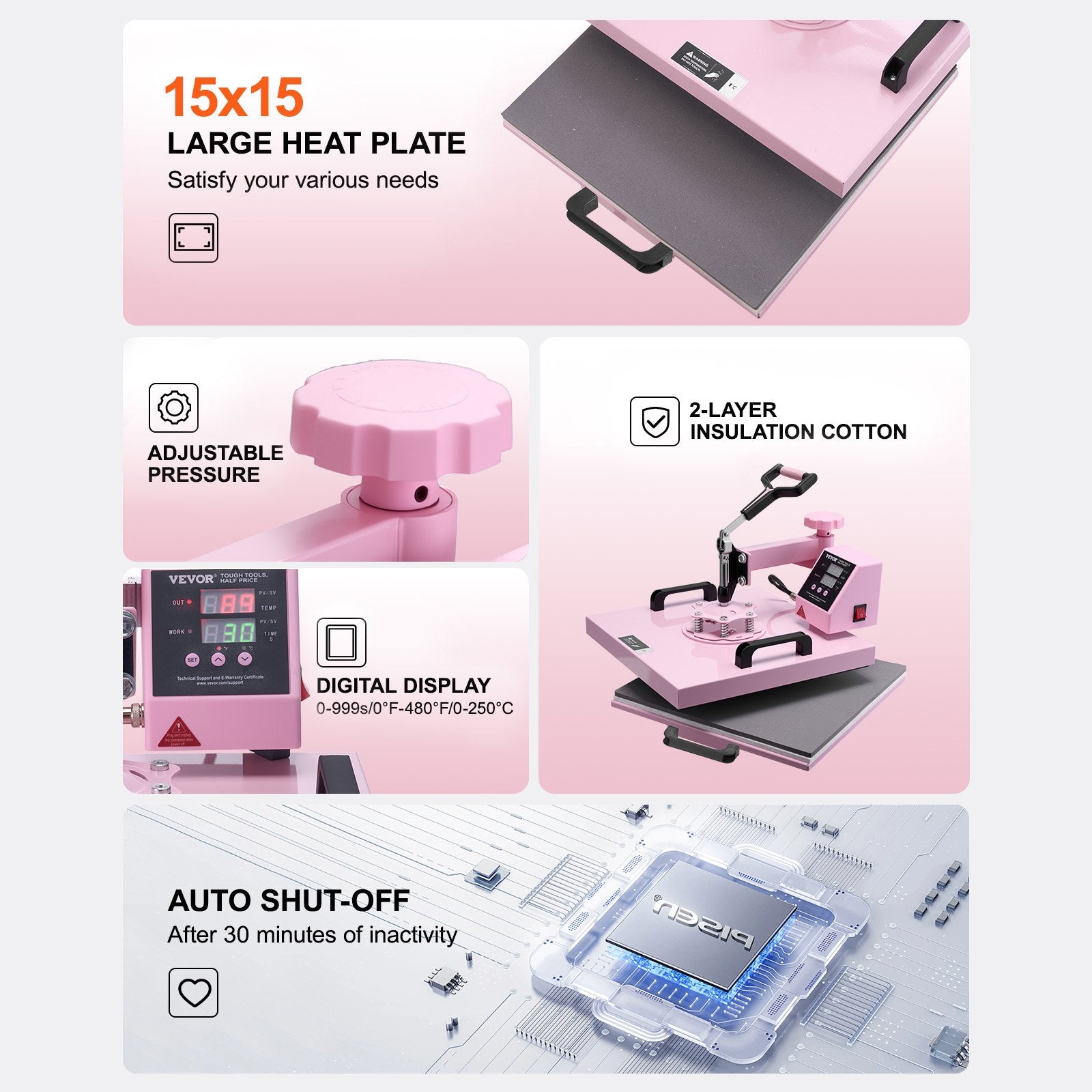 VEVOR Heat Press Machine, 15 x 15 inch, 5 in 1 Heat Transfer Machine with 30 oz Tumbler Press, 360° Swing Away T-Shirt Pressing, Digital Precise Control, for T-Shirts/Mugs/Hats/Plates, Pink 6