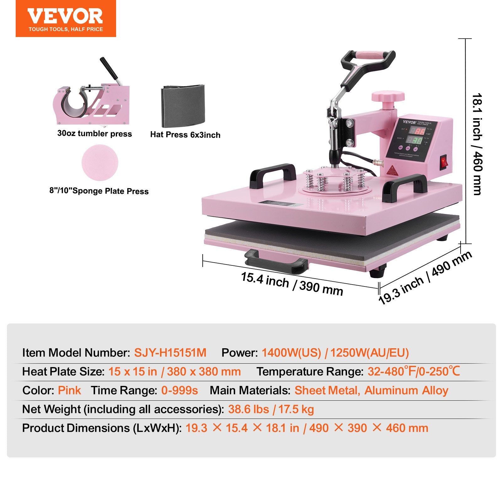 VEVOR Heat Press Machine, 15 x 15 inch, 5 in 1 Heat Transfer Machine with 30 oz Tumbler Press, 360° Swing Away T-Shirt Pressing, Digital Precise Control, for T-Shirts/Mugs/Hats/Plates, Pink 7