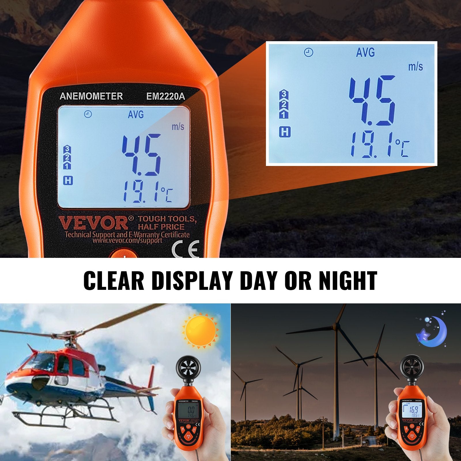 VEVOR Handheld Anemometer, -10℃ to 45℃, Digital Wind Speed Meter Gauge with LED Backlight Screen, Measures Wind Velocity Wind Temperature Air Flow Wind Chill, for Sailing Surfing Drone Flying HVAC 4