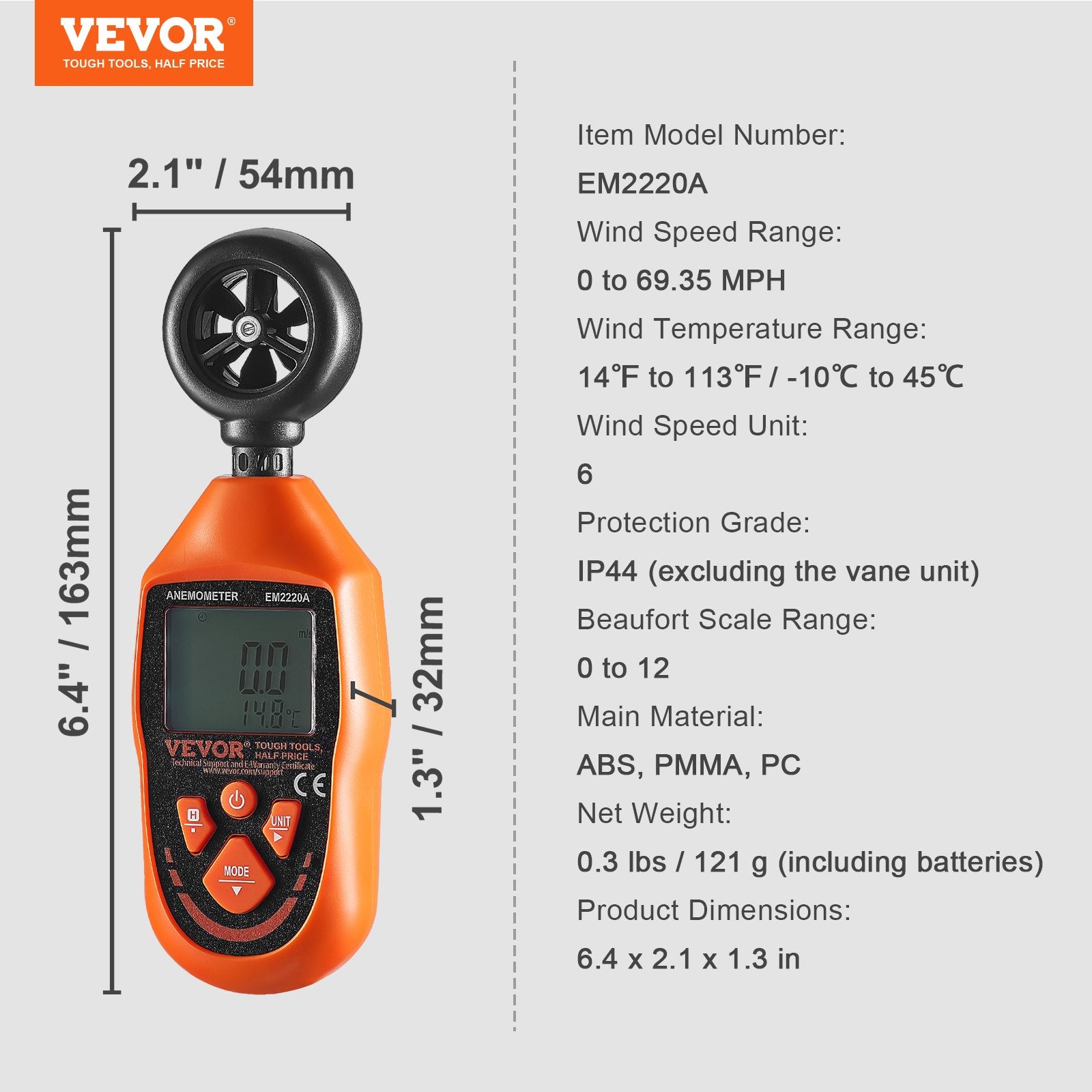 VEVOR Handheld Anemometer, -10℃ to 45℃, Digital Wind Speed Meter Gauge with LED Backlight Screen, Measures Wind Velocity Wind Temperature Air Flow Wind Chill, for Sailing Surfing Drone Flying HVAC 7