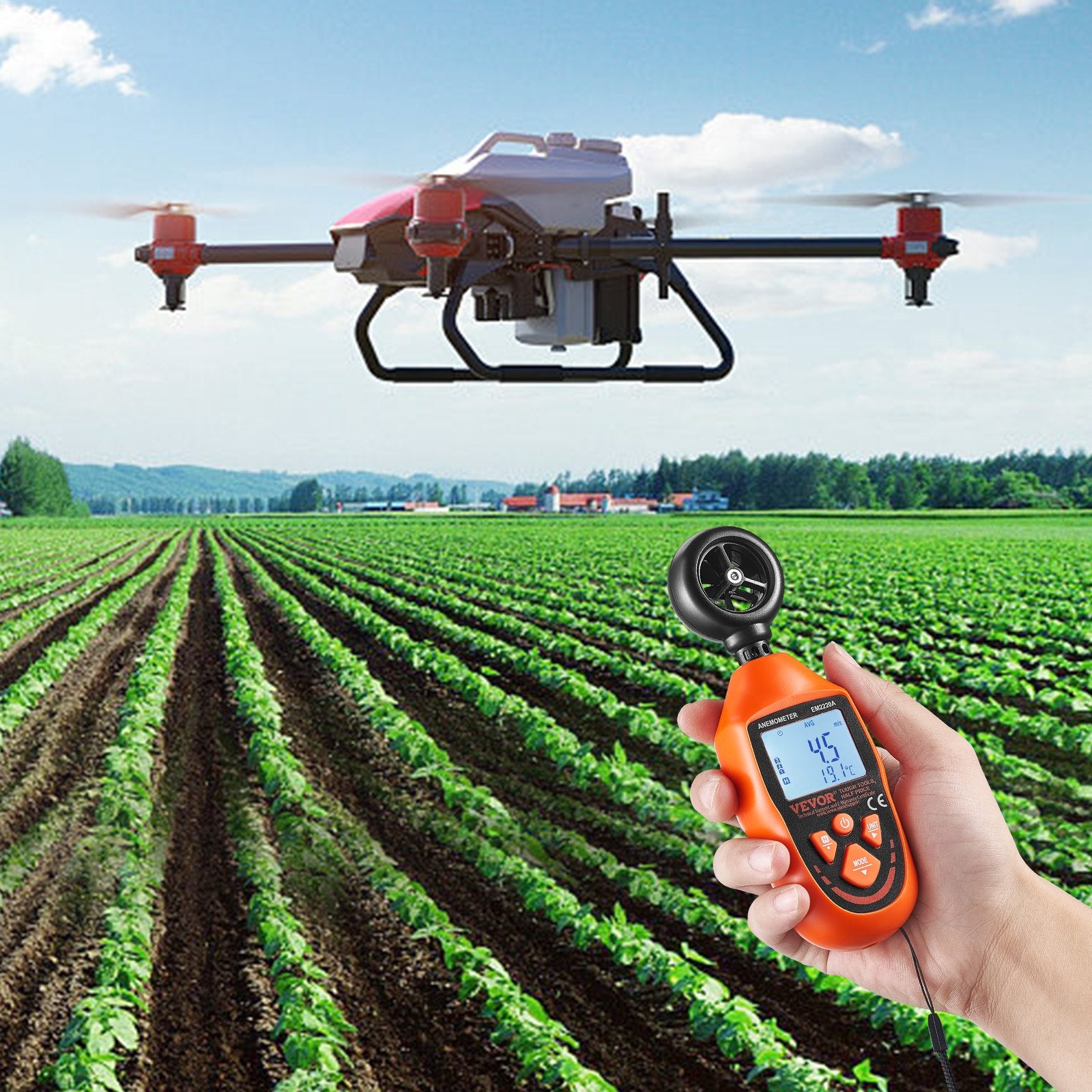 VEVOR Handheld Anemometer, -10℃ to 45℃, Digital Wind Speed Meter Gauge with LED Backlight Screen, Measures Wind Velocity Wind Temperature Air Flow Wind Chill, for Sailing Surfing Drone Flying HVAC 8