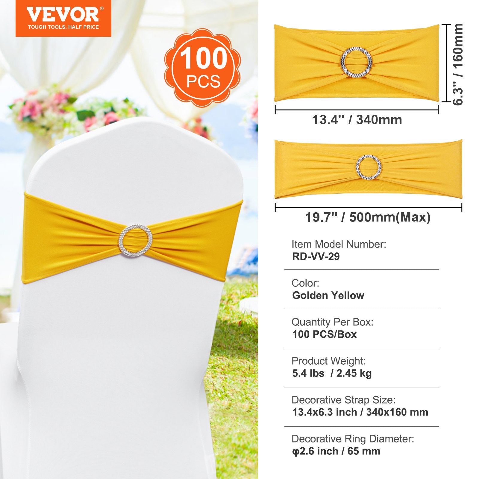 VEVOR Stretch Spandex Chair Sashes, Chair Slipcover and Stretch Chair Sash with Round Buckle, Elastic Chair Bands, Fitting Wedding, Holiday, Banquet, Party Chair Decoration (100 PCS Golden Yellow) 7