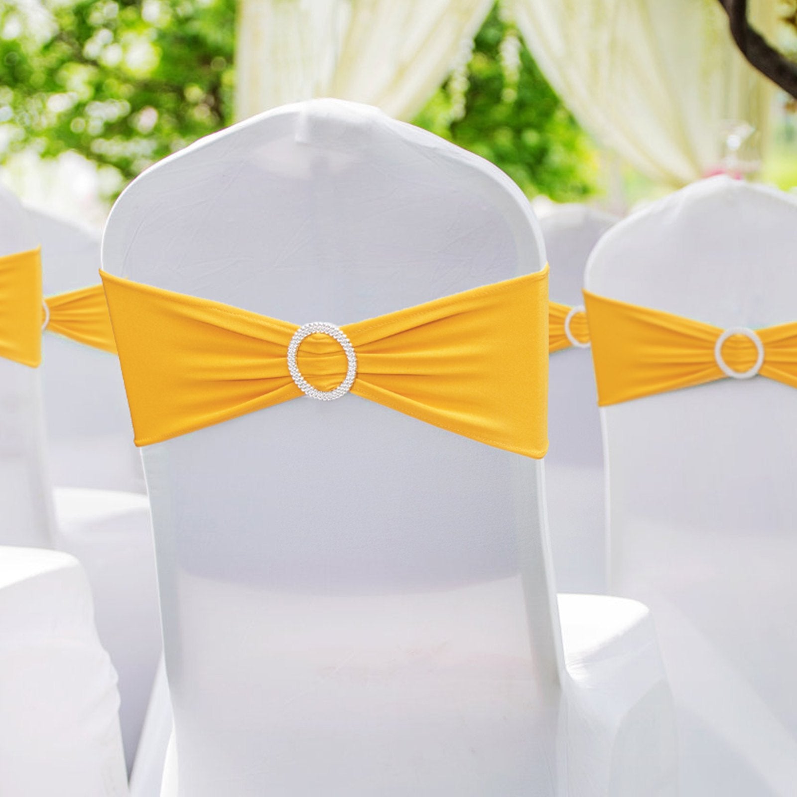 VEVOR Stretch Spandex Chair Sashes, Chair Slipcover and Stretch Chair Sash with Round Buckle, Elastic Chair Bands, Fitting Wedding, Holiday, Banquet, Party Chair Decoration (100 PCS Golden Yellow) 8