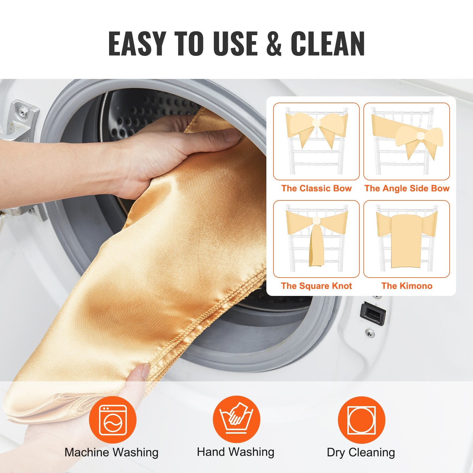 VEVOR Stretch Spandex Chair Sashes Bows, Chair Slipcover and Stretch Chair Sash, Elastic Chair Bands, Fitting Wedding, Holiday, Banquet, Party, Celebration Chair Decoration (50 PCS Gold) 5