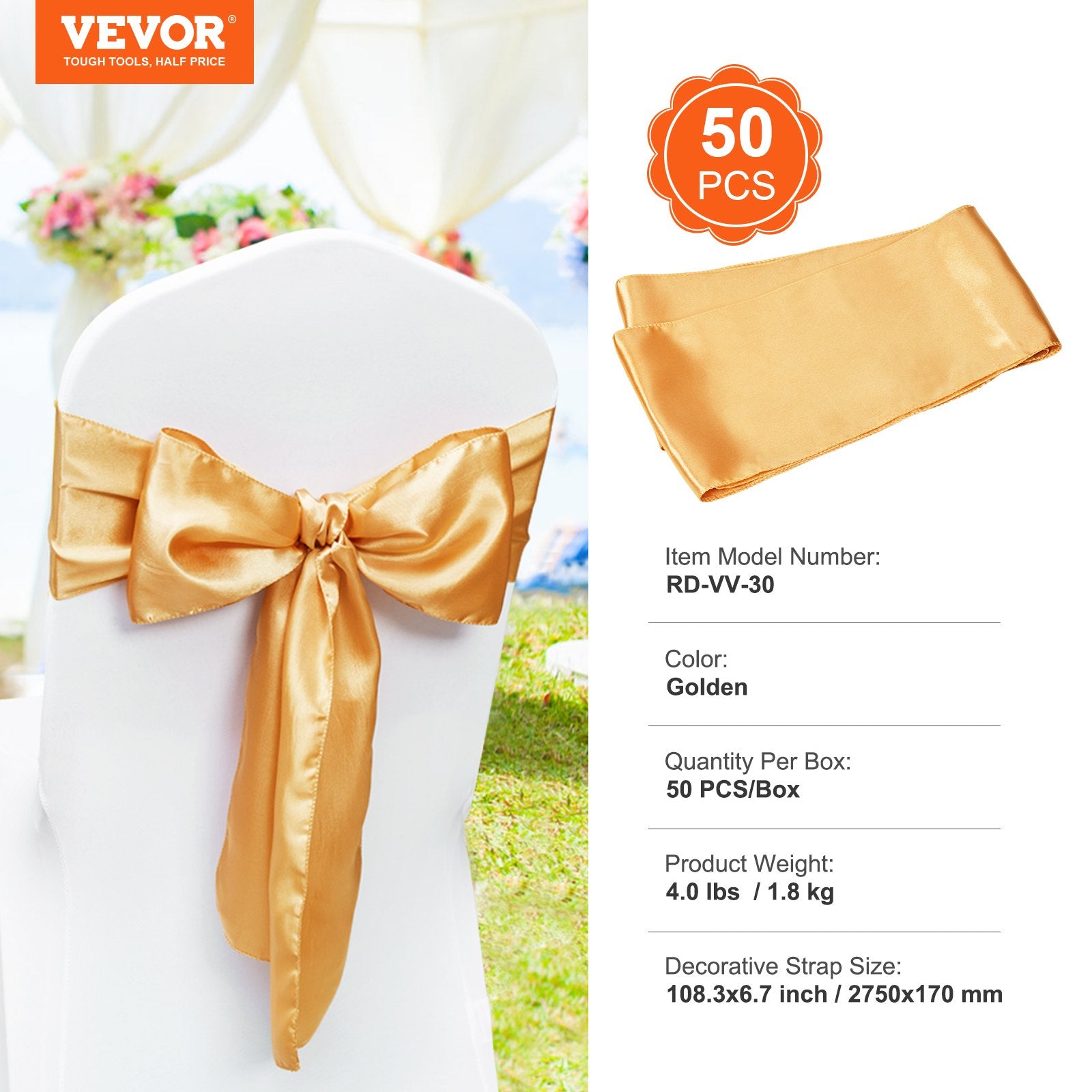 VEVOR Stretch Spandex Chair Sashes Bows, Chair Slipcover and Stretch Chair Sash, Elastic Chair Bands, Fitting Wedding, Holiday, Banquet, Party, Celebration Chair Decoration (50 PCS Gold) 7