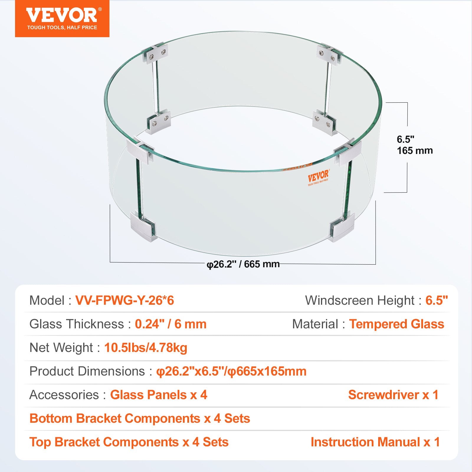 VEVOR Fire Pit Wind Guard, 26 x 26 x 6 Inch Glass Flame Guard, Round Glass Shield, 1/4-Inch Thick Fire Table, Clear Tempered Glass Flame Guard, Steady Feet Tree Pit Guard for Propane, Gas, Outdoor 7