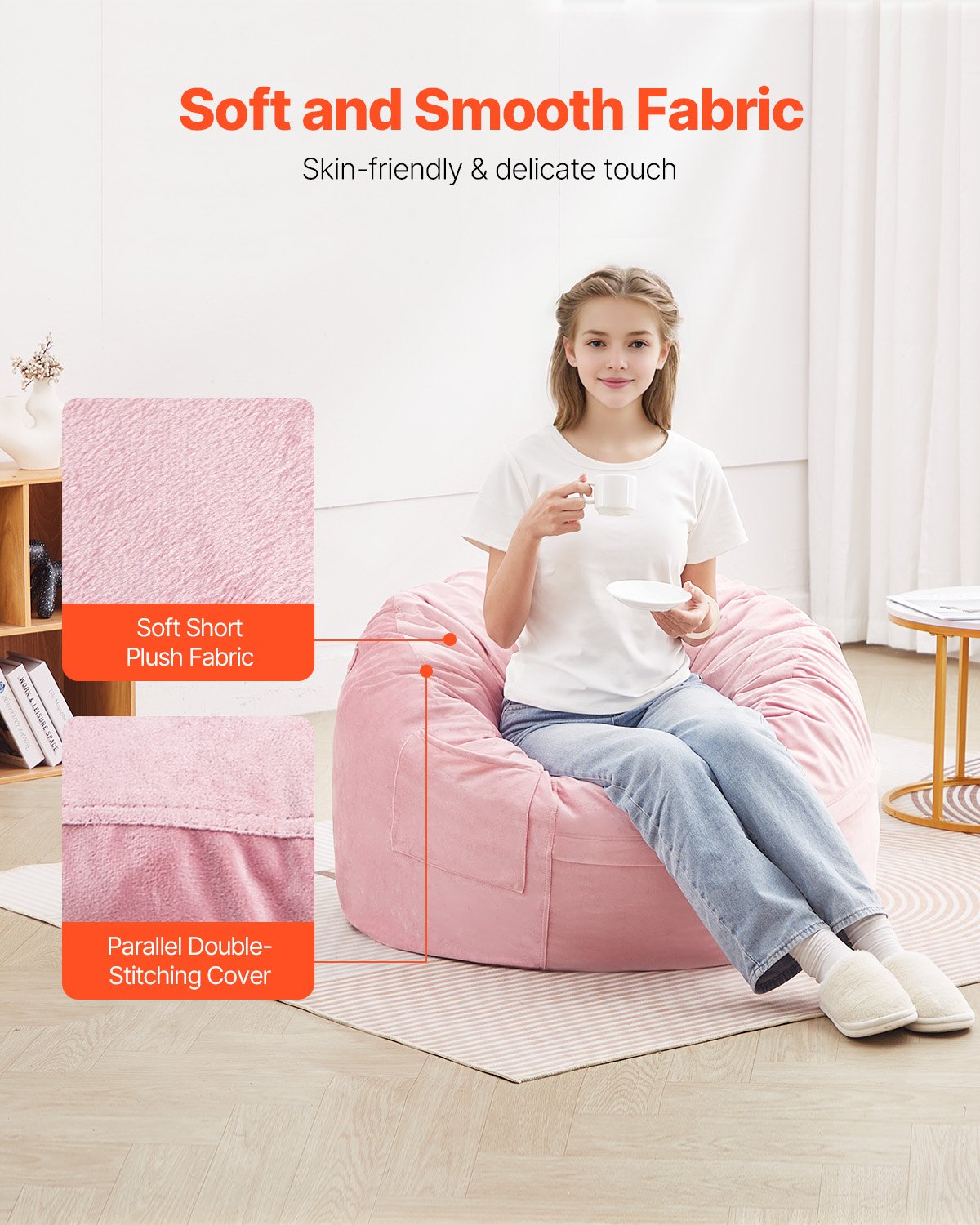 VEVOR 91 cm Round Bean Bag Chair with Removable Cover & Dutch Velvet Pink 3