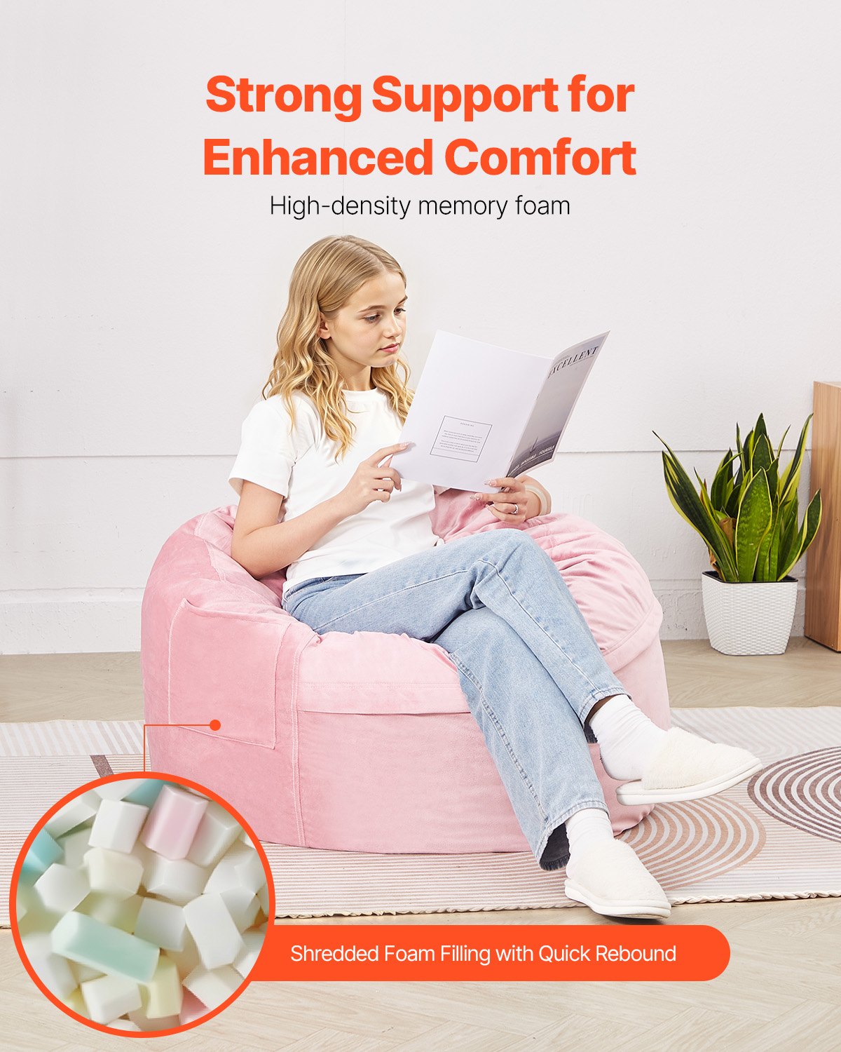 VEVOR 91 cm Round Bean Bag Chair with Removable Cover & Dutch Velvet Pink 4