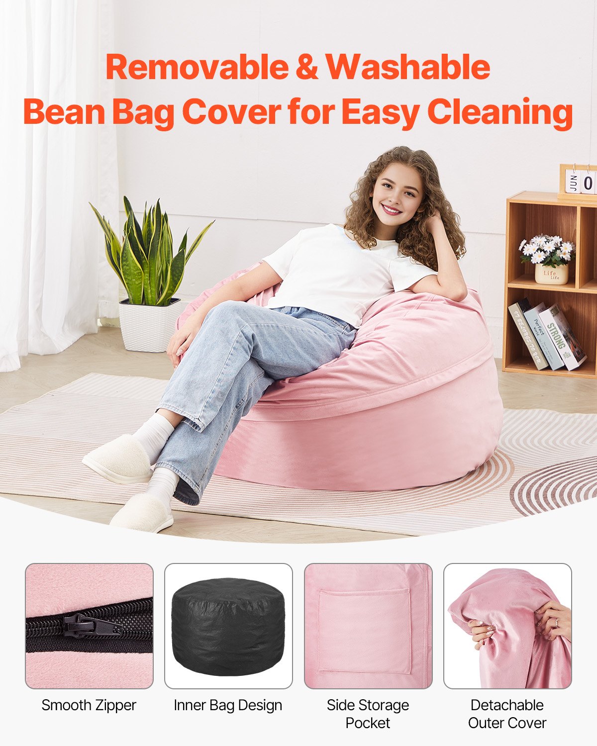 VEVOR 91 cm Round Bean Bag Chair with Removable Cover & Dutch Velvet Pink 5