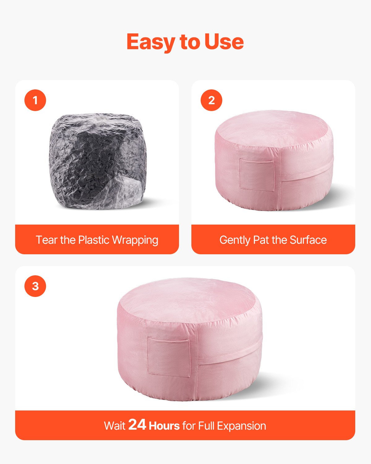 VEVOR 91 cm Round Bean Bag Chair with Removable Cover & Dutch Velvet Pink 6