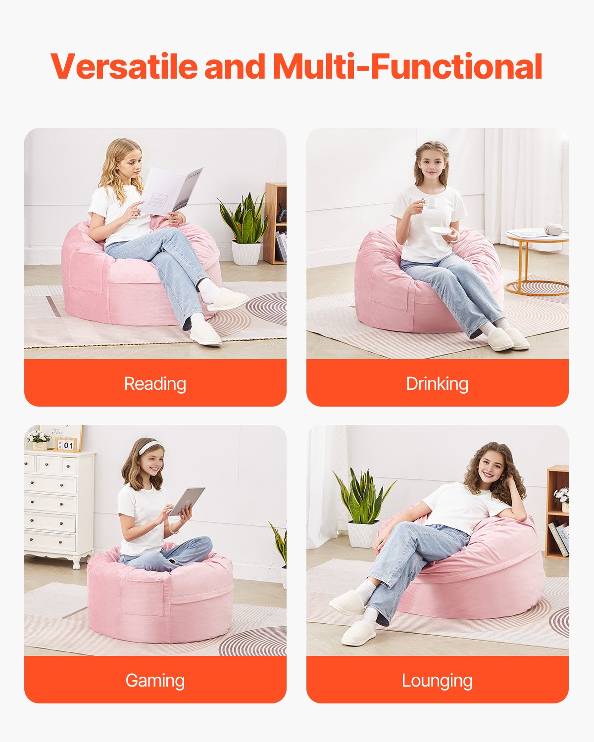VEVOR 91 cm Round Bean Bag Chair with Removable Cover & Dutch Velvet Pink 7