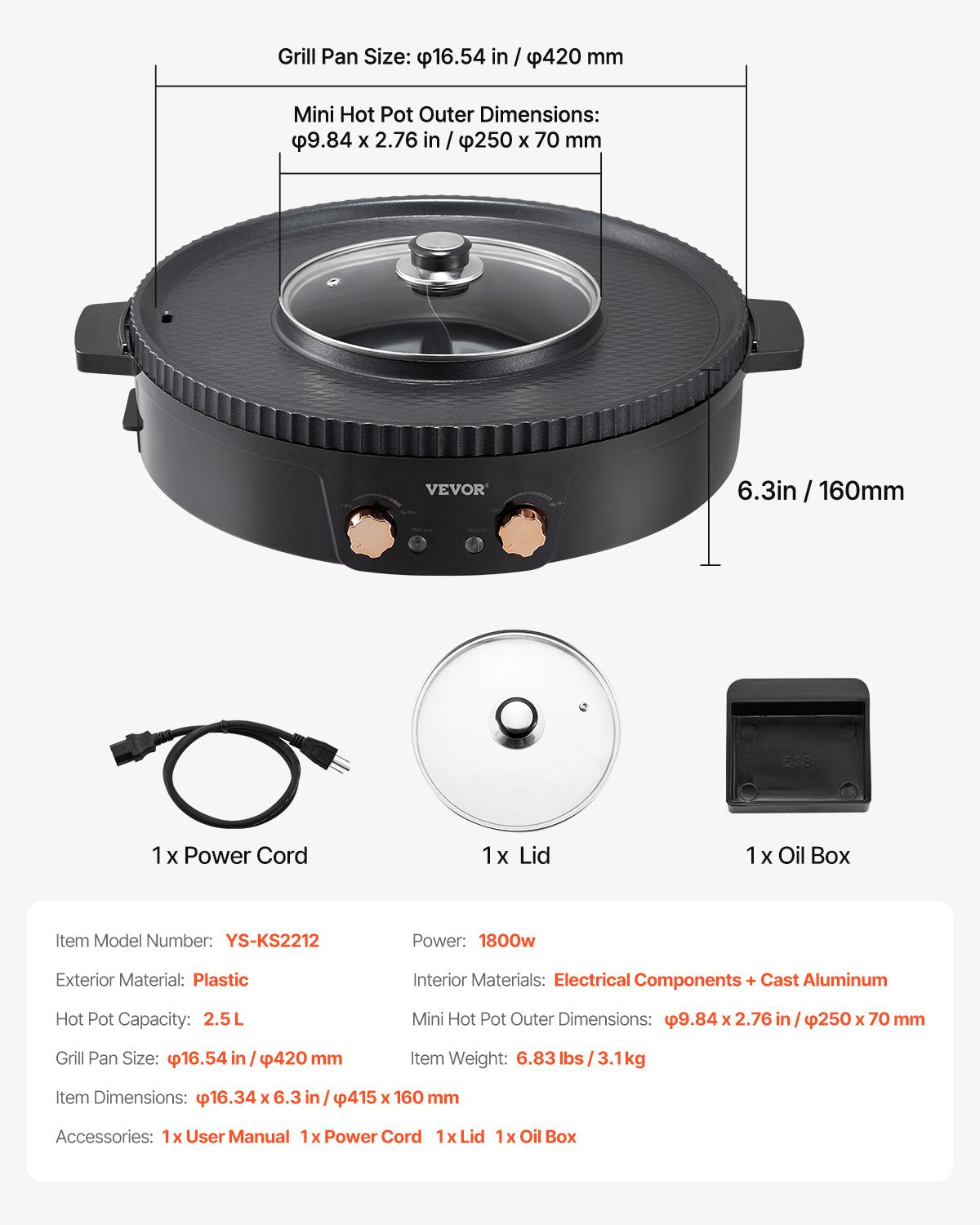 VEVOR Hot Pot with Grill 1800W 2-in-1 Electric Smokeless Grill and Hot Pot 7