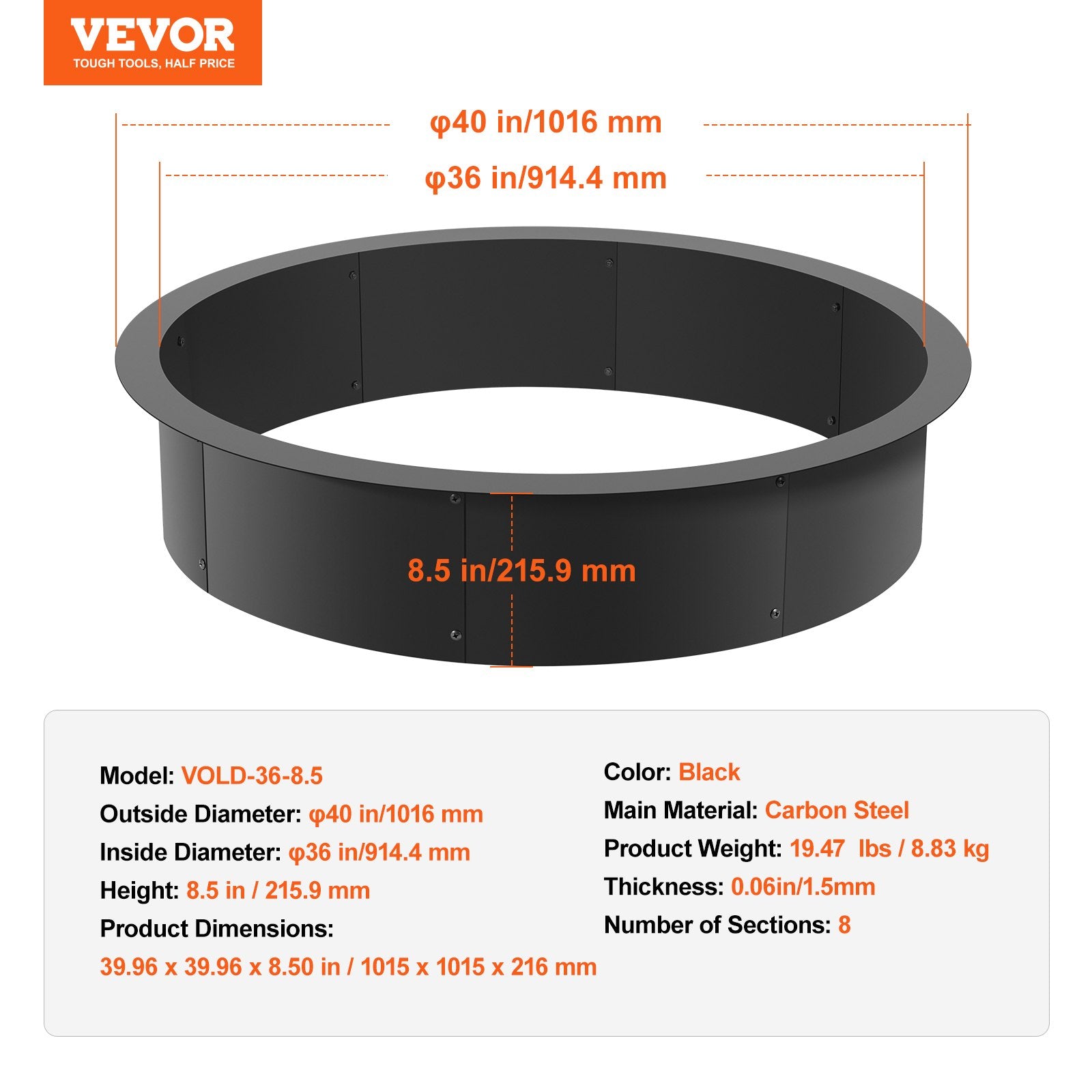 VEVOR Fire Pit Ring Round Inner Steel Liner DIY Campfire Firepit 7