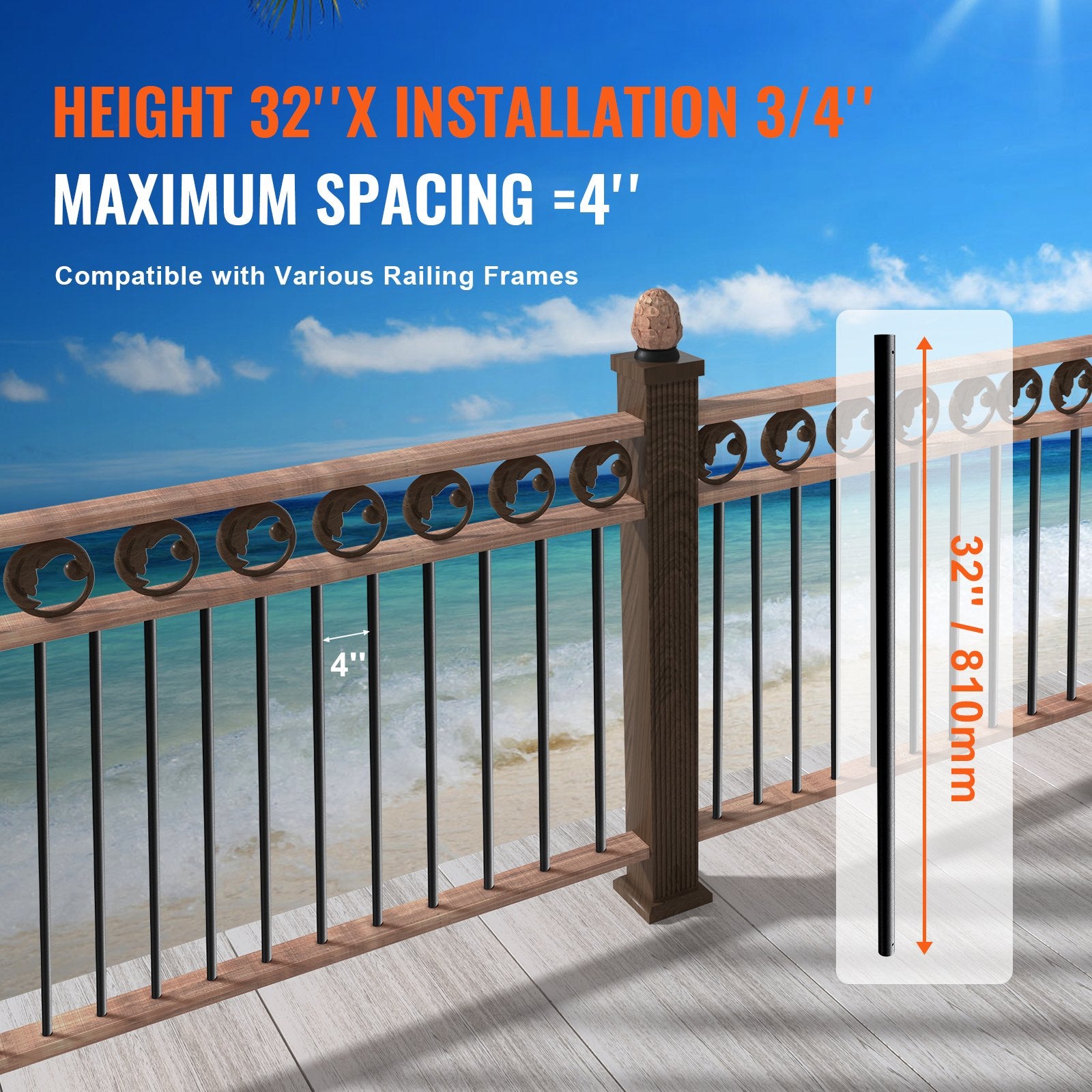 VEVOR Staircase Metal Balusters, 3/4'' Round x 32'' Long Aluminum Decorative Banister Spindles, 101 Pack Deck Baluster with Screws, Classic Hollow Deck Railing Satin Black Powder Coated for Porch 3