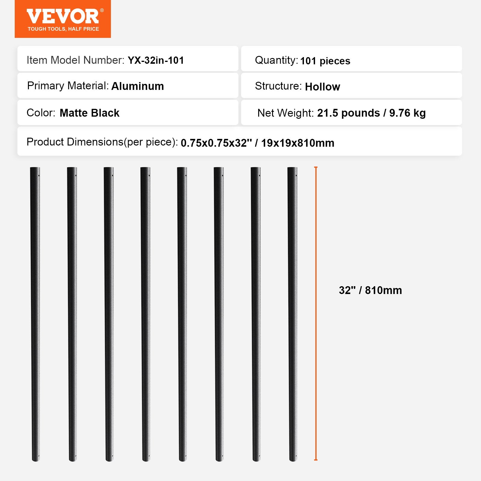 VEVOR Staircase Metal Balusters, 3/4'' Round x 32'' Long Aluminum Decorative Banister Spindles, 101 Pack Deck Baluster with Screws, Classic Hollow Deck Railing Satin Black Powder Coated for Porch 7