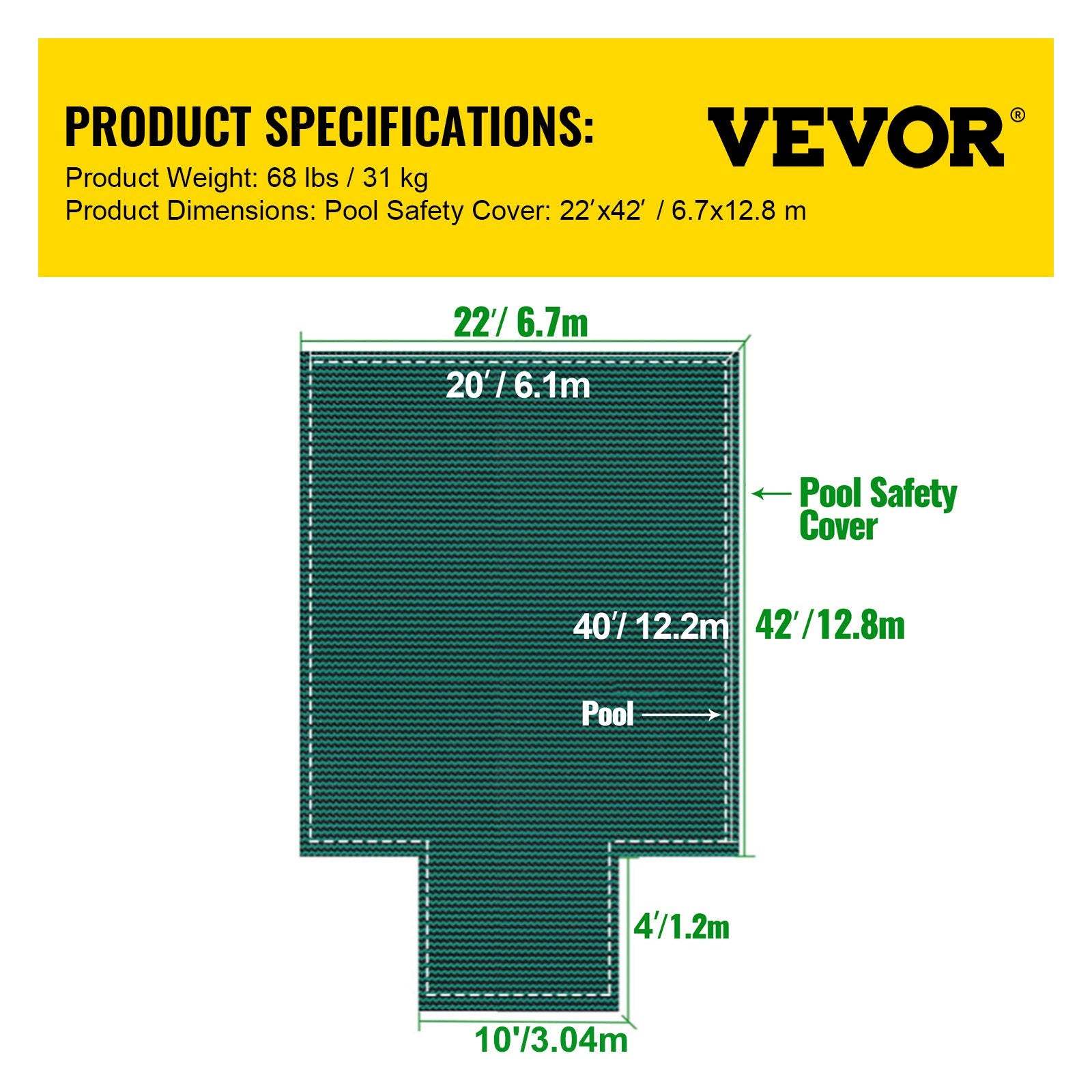 VEVOR Pool Safety Cover Fits 20x40ft Rectangle Inground Safety Pool Cover Green Mesh with 4x8ft Center End Steps Solid Pool Safety Cover for Swimming Pool Winter Safety Cover 7