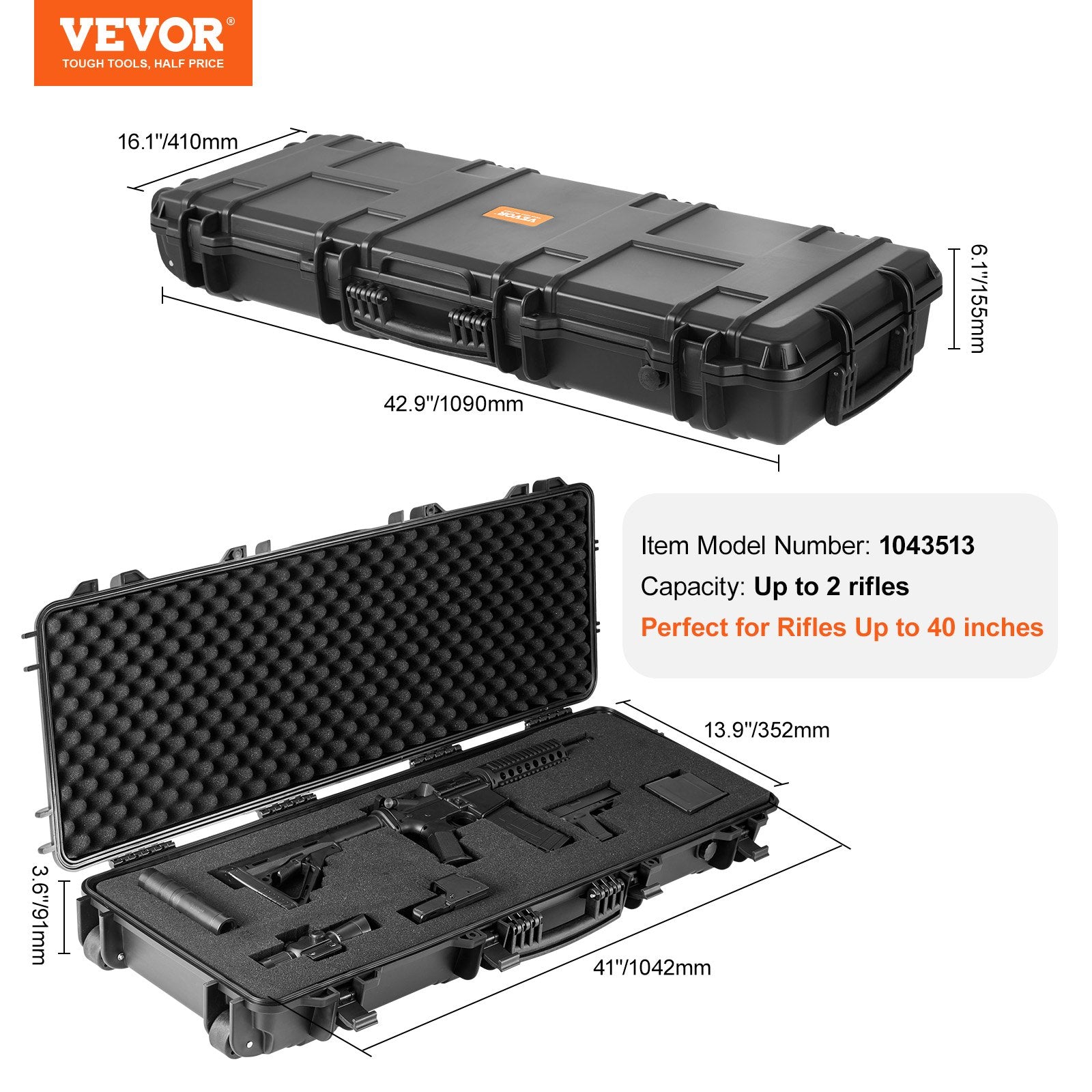 VEVOR Rifle Case, Rifle Hard Case with 3 Layers Fully-protective Foams, 42 inch lockable Hard Gun Case with Wheels, IP67 Waterproof & Crushproof, for Two Rifles or Shotguns, Airsoft Gun 7