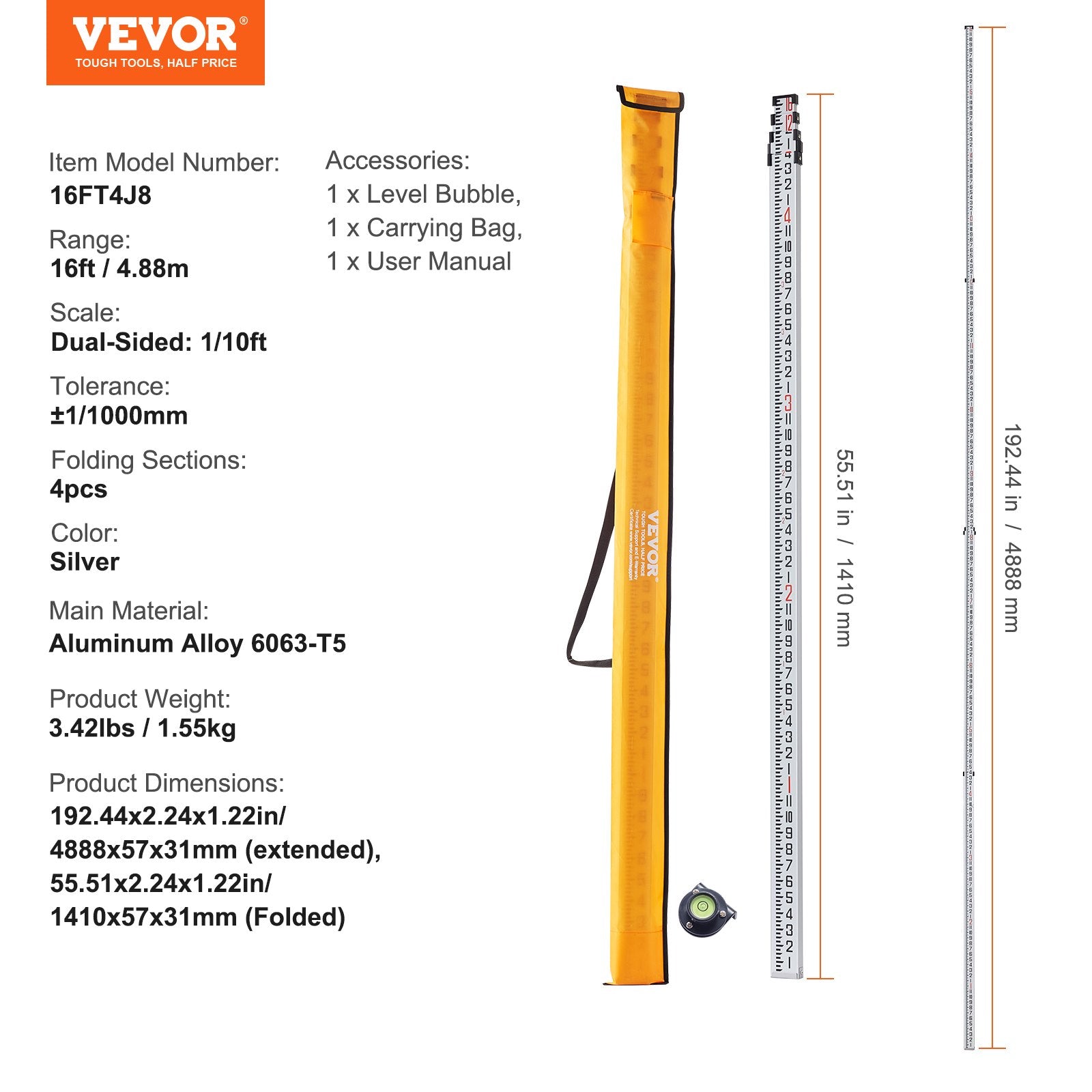VEVOR Measuring Rod 16-Feet/8ths 4 Sections Telescopic Grade Rod 1/8in w/ Bag 7