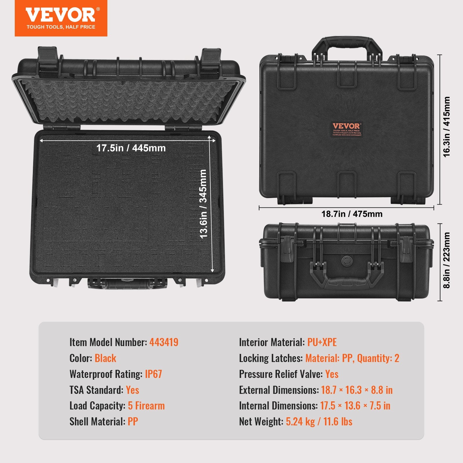 VEVOR Hard Pistol Cases with Pre-cut Lining Lockable Pistol Case for 5 Pistol 7