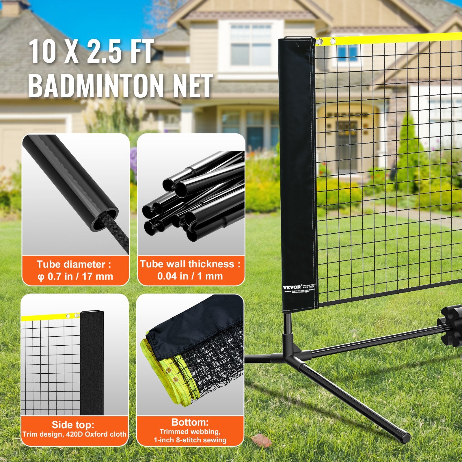 VEVOR Badminton Net, Height Adjustable Volleyball Net, 10ft Wide Foldable Pickleball Net, Portable Easy Setup Tennis Net Set with Poles, Stand and Carry Bag, for Kids Backyard Game Indoor Outdoor Use 4