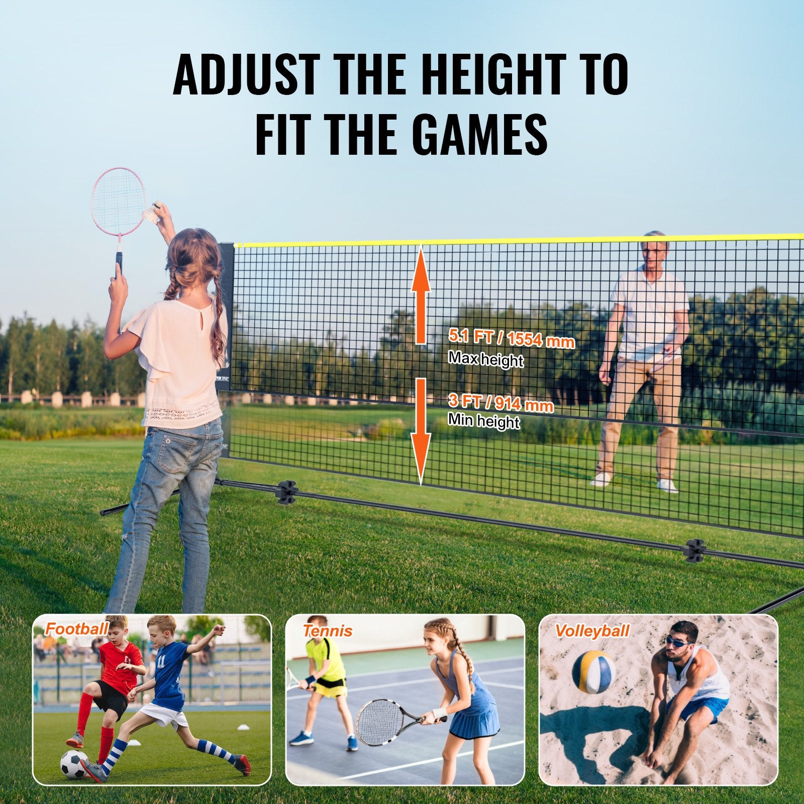 VEVOR Badminton Net, Height Adjustable Volleyball Net, 10ft Wide Foldable Pickleball Net, Portable Easy Setup Tennis Net Set with Poles, Stand and Carry Bag, for Kids Backyard Game Indoor Outdoor Use 5
