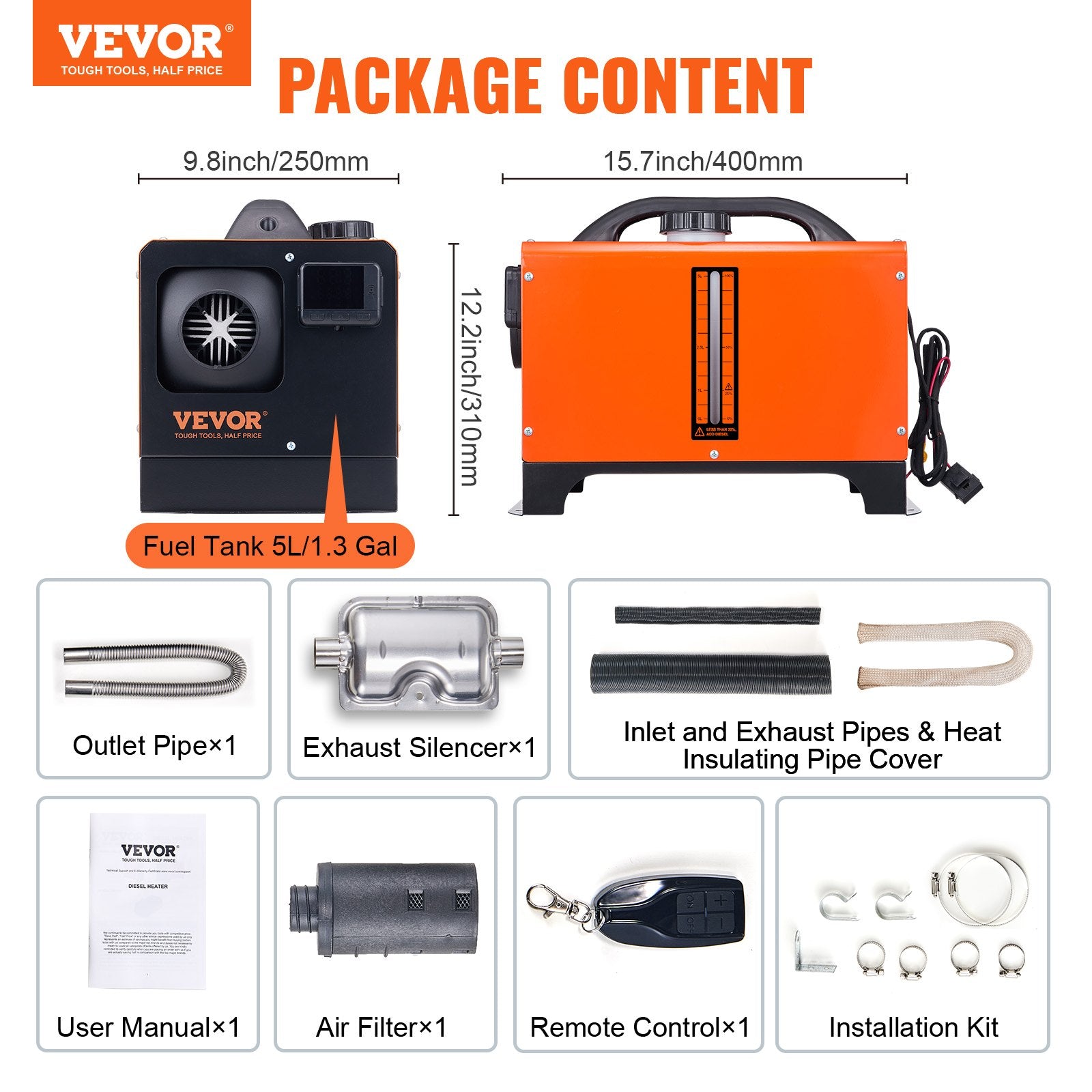 VEVOR Diesel Air Heater, 12V 5KW All-on-one Diesel Heater with Remote Control and LCD Display, 5L Fuel Tank Portable Diesel Parking Heater, Rapid Heating for RV Trailer Camper Van Boat 7