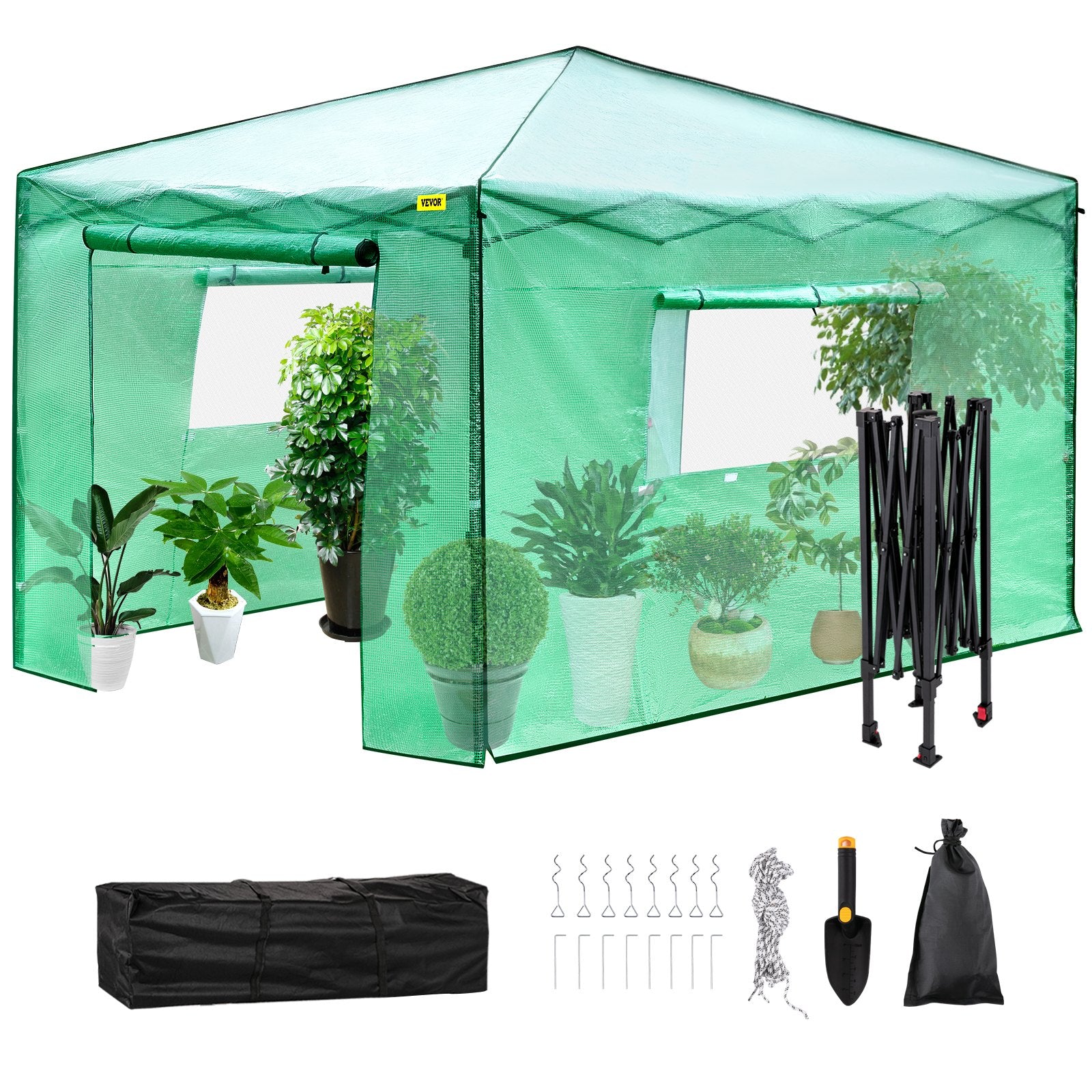 VEVOR 12\'x 8\'x 8\' Pop-Up Greenhouse, Set Up in Minutes, Portable Greenhouse with Doors & Windows. High Strength PE Cover & Powder-Coated Steel Construction