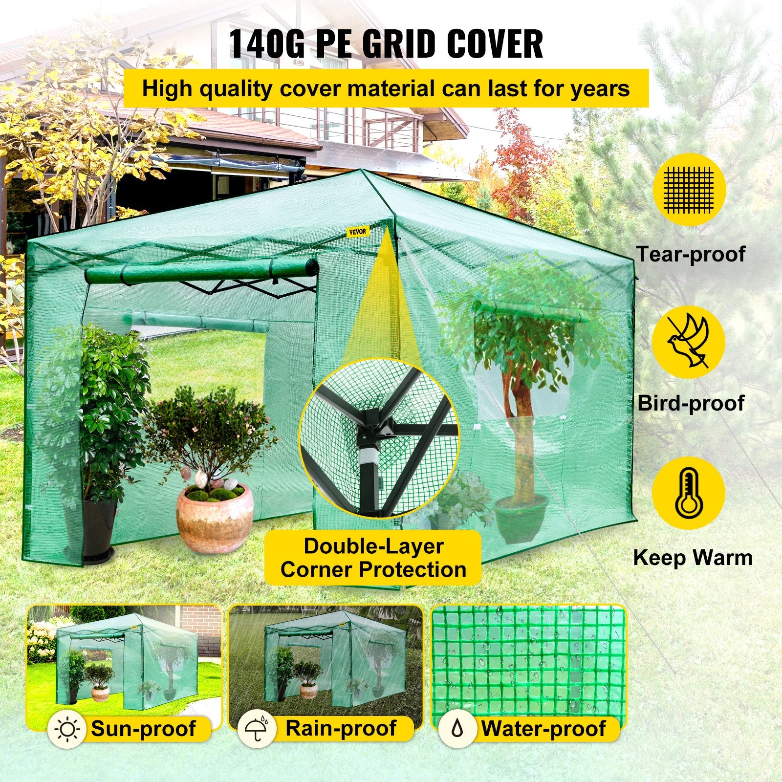 VEVOR 12\'x 8\'x 8\' Pop-Up Greenhouse, Set Up in Minutes, Portable Greenhouse with Doors & Windows. High Strength PE Cover & Powder-Coated Steel Construction 4