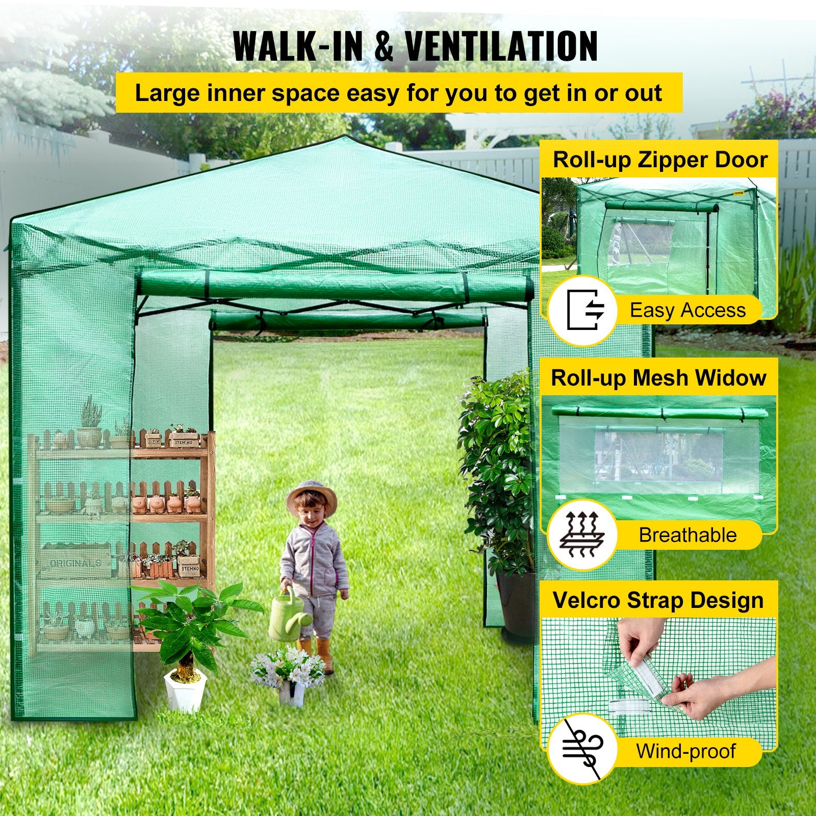 VEVOR 12\'x 8\'x 8\' Pop-Up Greenhouse, Set Up in Minutes, Portable Greenhouse with Doors & Windows. High Strength PE Cover & Powder-Coated Steel Construction 5