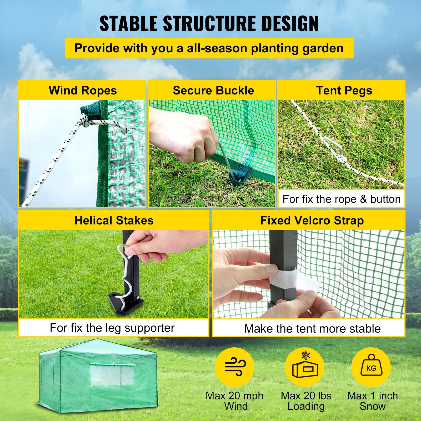 VEVOR 12\'x 8\'x 8\' Pop-Up Greenhouse, Set Up in Minutes, Portable Greenhouse with Doors & Windows. High Strength PE Cover & Powder-Coated Steel Construction 6