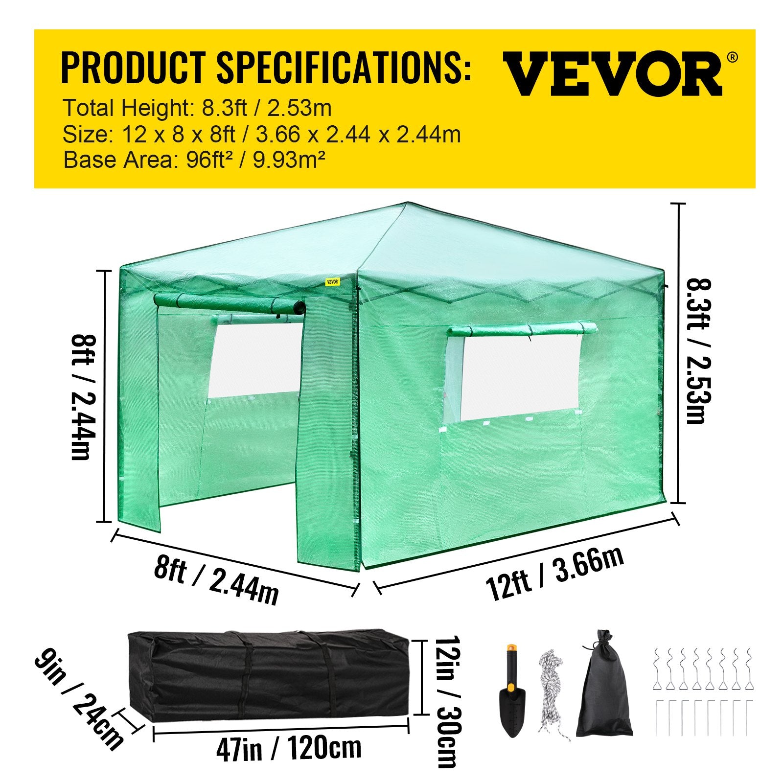 VEVOR 12\'x 8\'x 8\' Pop-Up Greenhouse, Set Up in Minutes, Portable Greenhouse with Doors & Windows. High Strength PE Cover & Powder-Coated Steel Construction 7