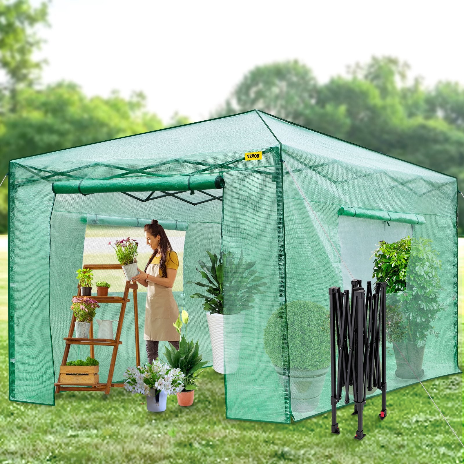 VEVOR 12\'x 8\'x 8\' Pop-Up Greenhouse, Set Up in Minutes, Portable Greenhouse with Doors & Windows. High Strength PE Cover & Powder-Coated Steel Construction 8