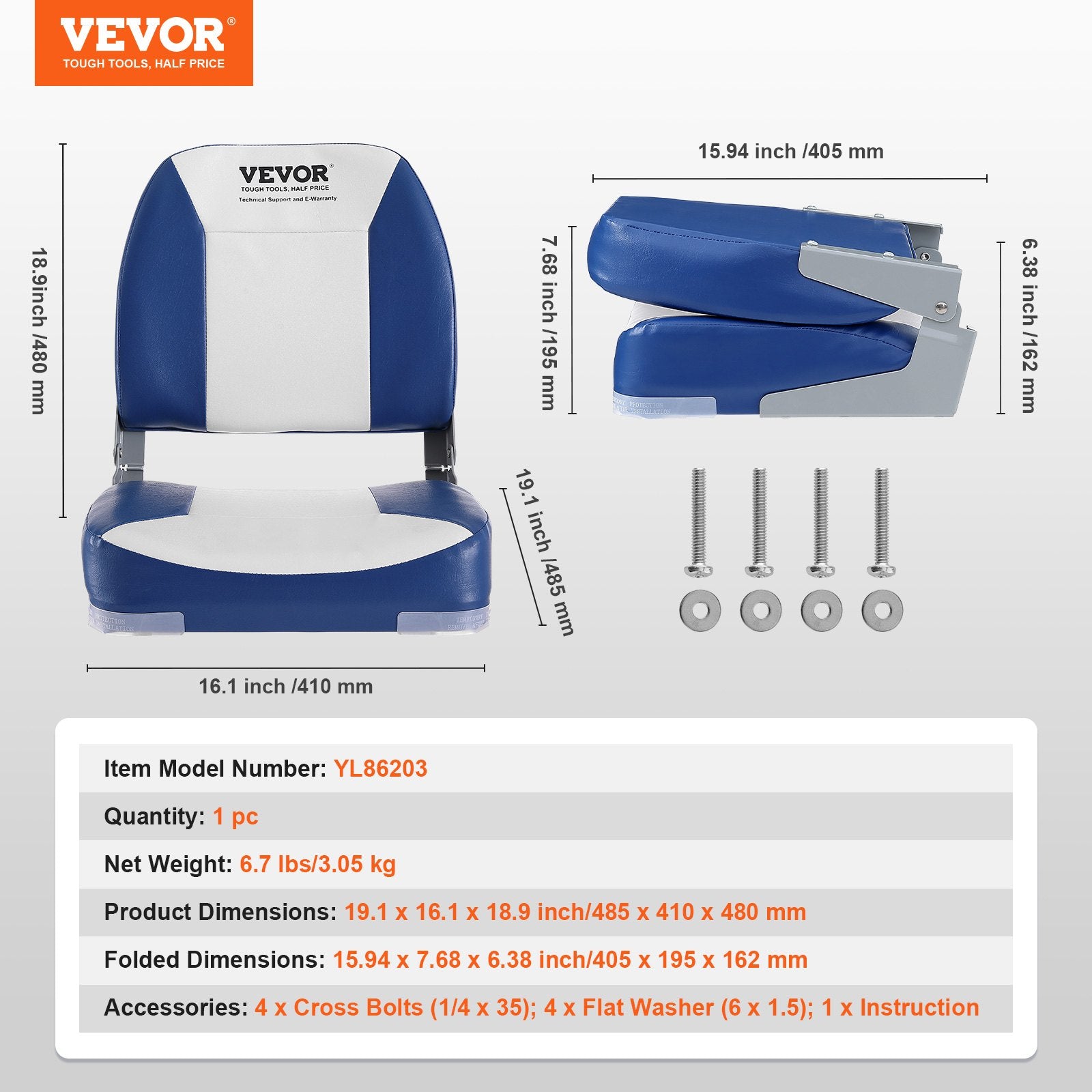 VEVOR Boat Seat, 480 mm Low Back Boat Seat, Folding Boat Chair with Thickened Sponge Padding and Hinge, Fold-Down Boat Captain Chair for Fishing Boat, Sightseeing Boat, Speedboat, Canoe, 1-Piece 7