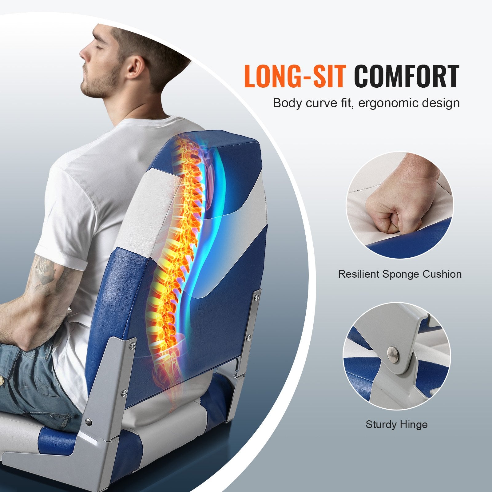 VEVOR Boat Seats, 555 mm High Back Boat Seat, Folding Boat Chair with Thickened Sponge Padding and Hinge, Fold-Down Boat Captain Chairs for Fishing Boat, Sightseeing Boat, Speedboat, Canoe, 2-Pack 3