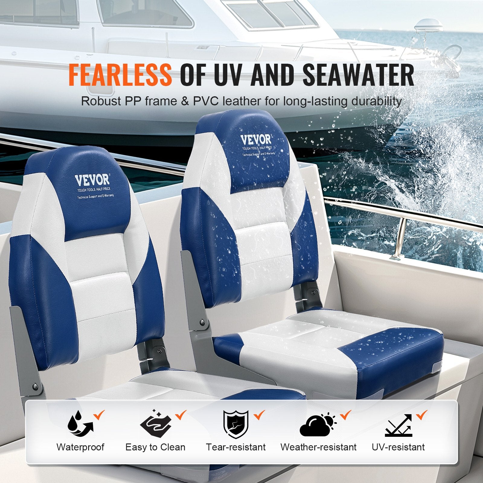 VEVOR Boat Seats, 555 mm High Back Boat Seat, Folding Boat Chair with Thickened Sponge Padding and Hinge, Fold-Down Boat Captain Chairs for Fishing Boat, Sightseeing Boat, Speedboat, Canoe, 2-Pack 4