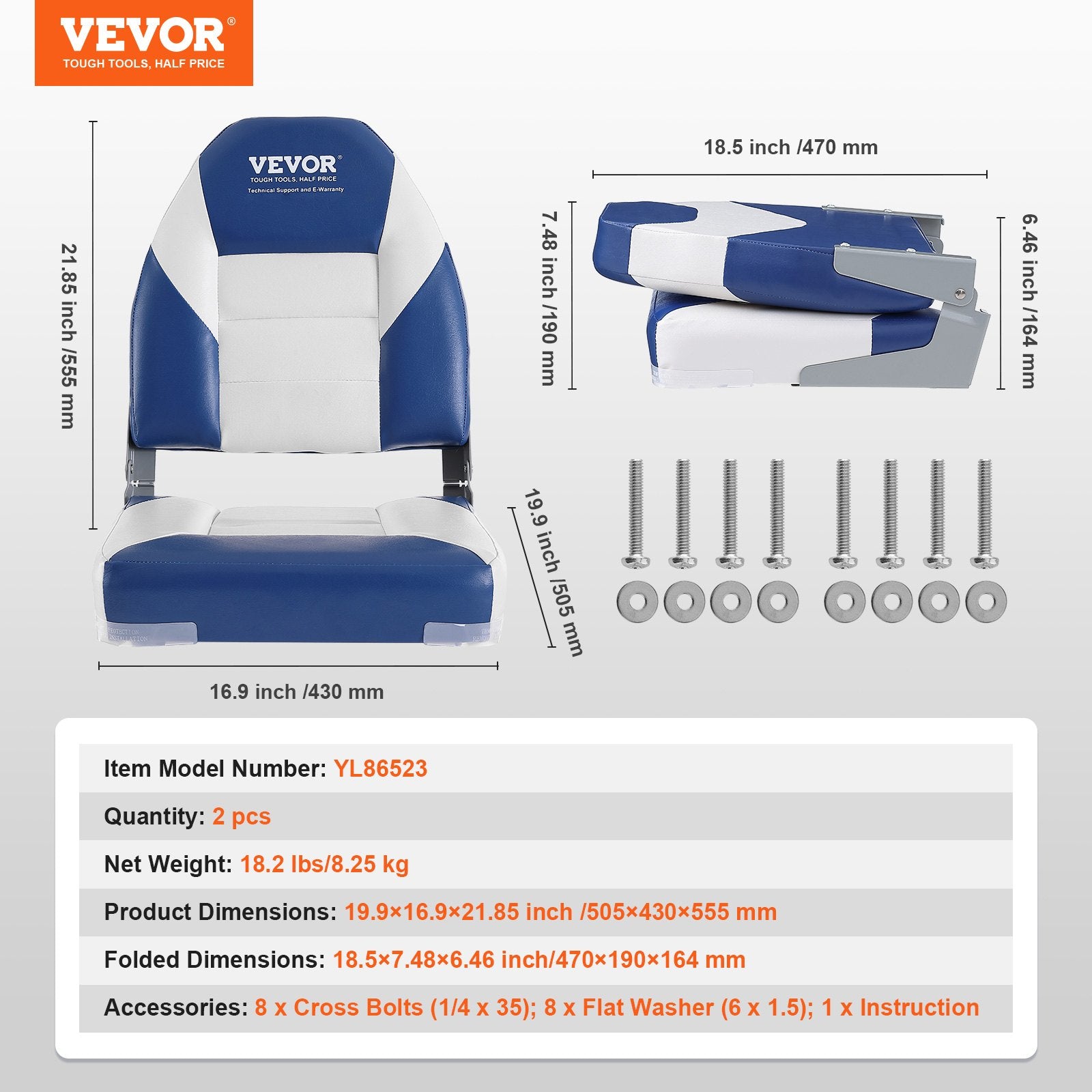 VEVOR Boat Seats, 555 mm High Back Boat Seat, Folding Boat Chair with Thickened Sponge Padding and Hinge, Fold-Down Boat Captain Chairs for Fishing Boat, Sightseeing Boat, Speedboat, Canoe, 2-Pack 7